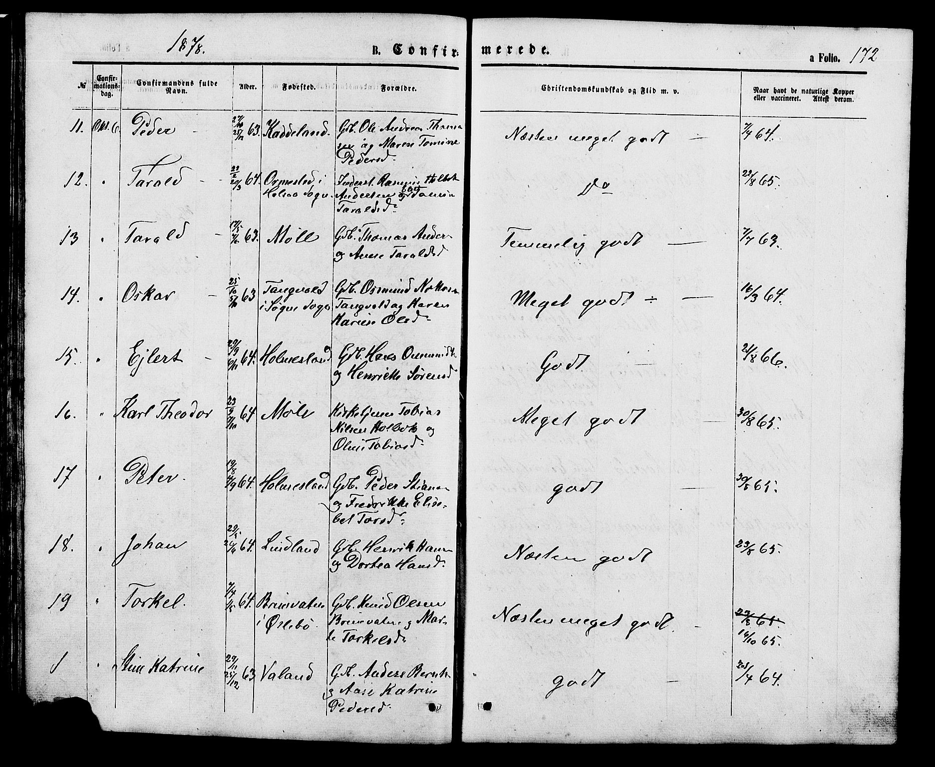 Holum sokneprestkontor, SAK/1111-0022/F/Fb/Fba/L0004: Parish register (copy) no. B 4, 1867-1890, p. 172