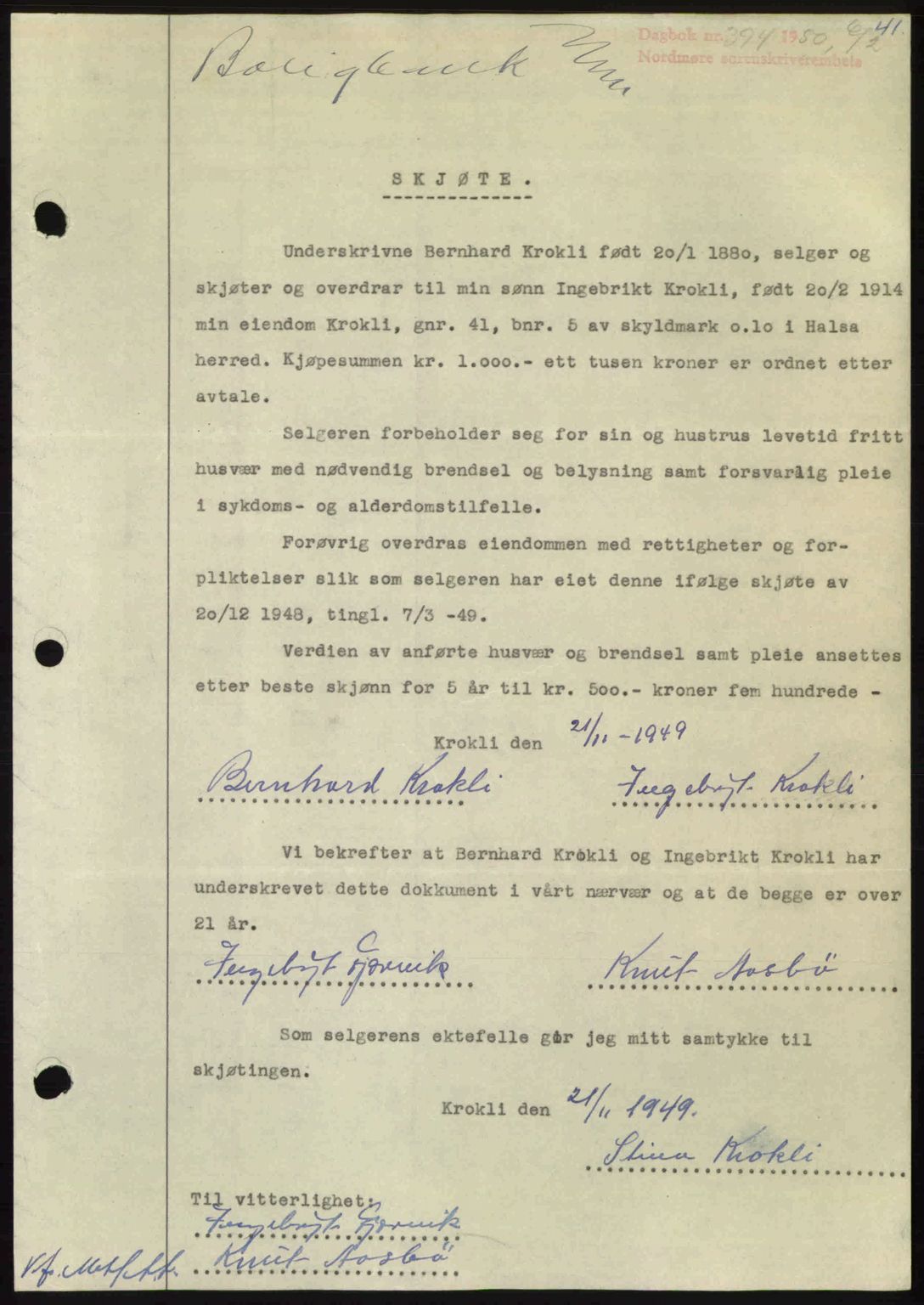 Nordmøre sorenskriveri, AV/SAT-A-4132/1/2/2Ca: Mortgage book no. A114, 1950-1950, Diary no: : 394/1950