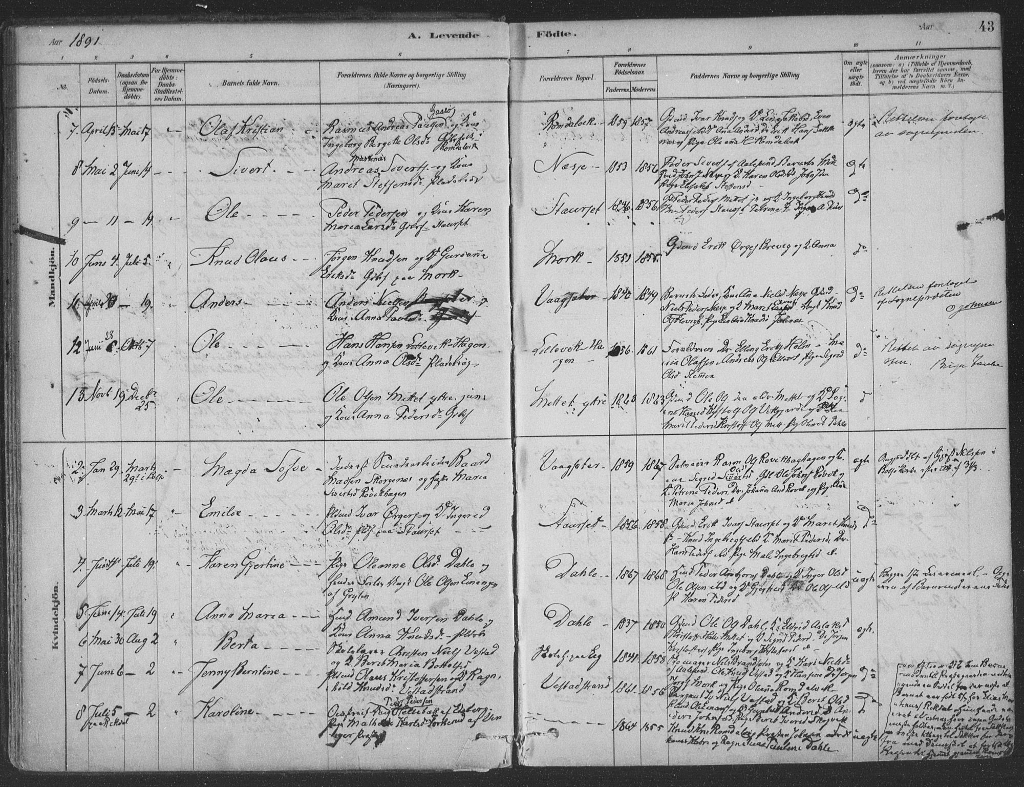 Ministerialprotokoller, klokkerbøker og fødselsregistre - Møre og Romsdal, SAT/A-1454/547/L0604: Parish register (official) no. 547A06, 1878-1906, p. 43