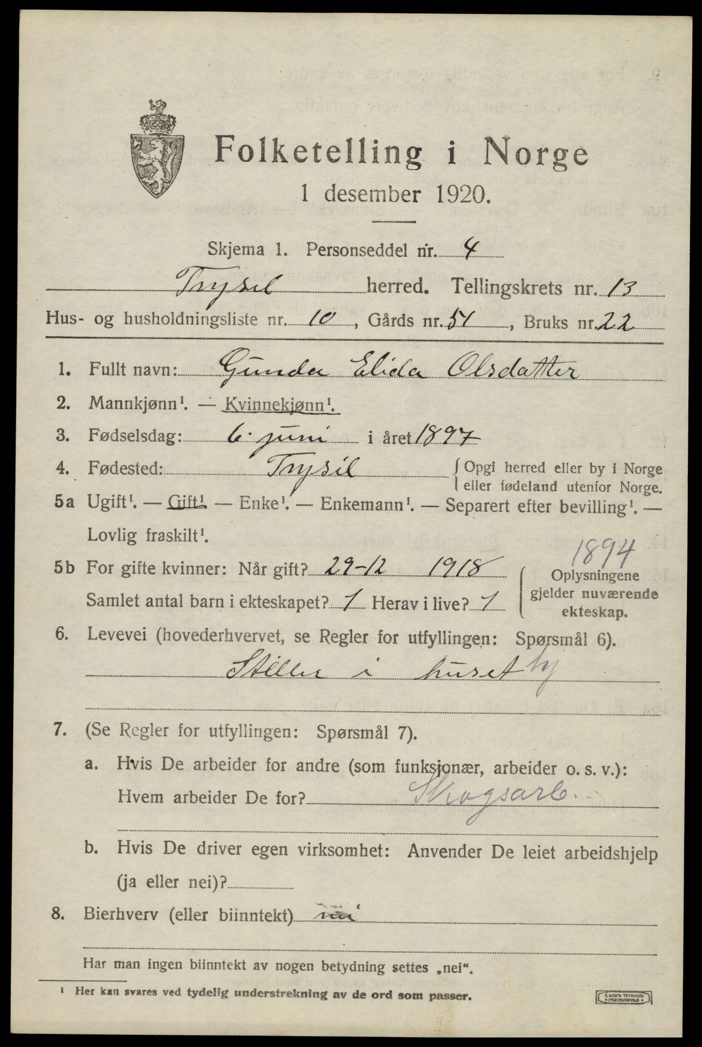 SAH, 1920 census for Trysil, 1920, p. 7757