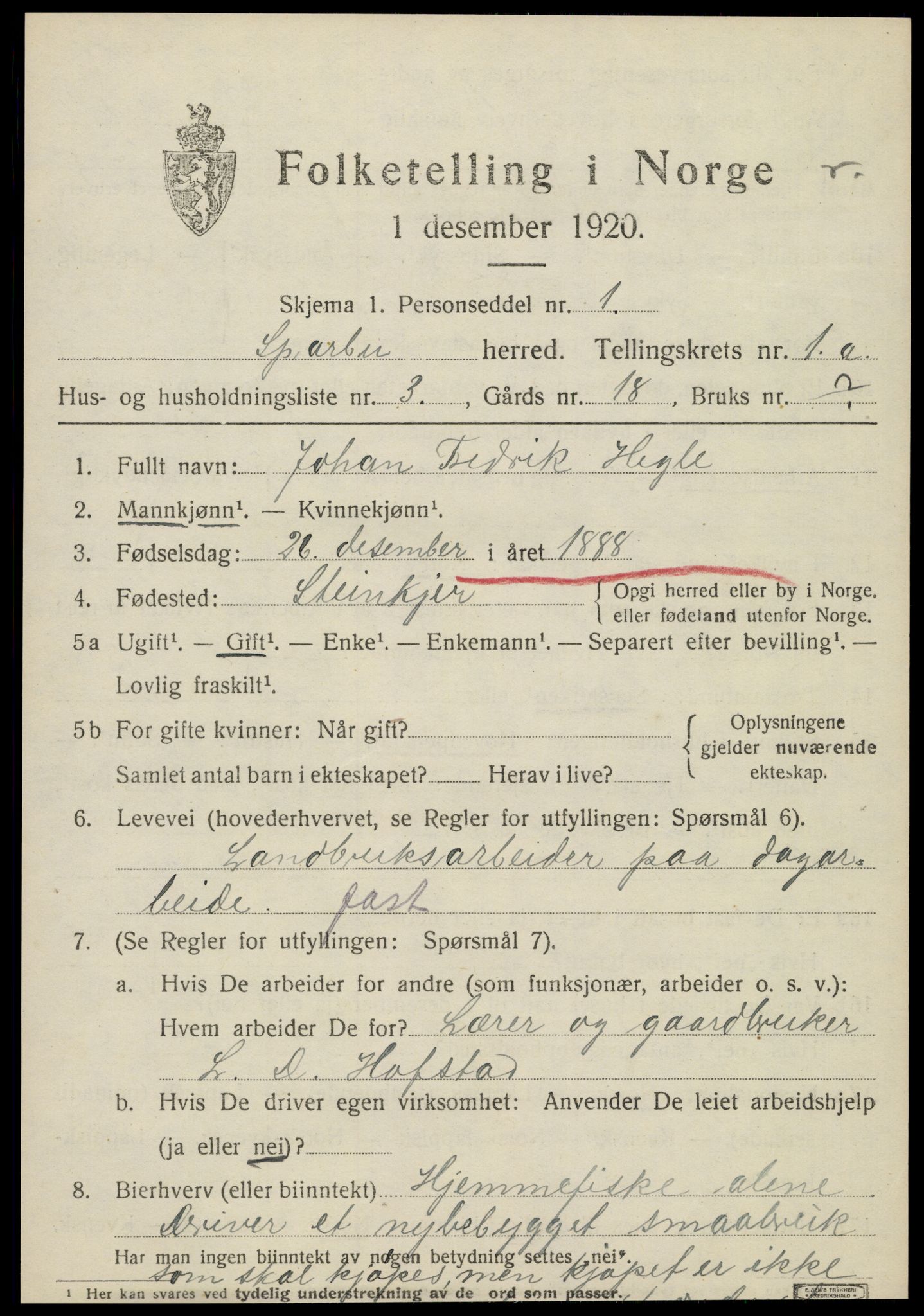 SAT, 1920 census for Sparbu, 1920, p. 1019