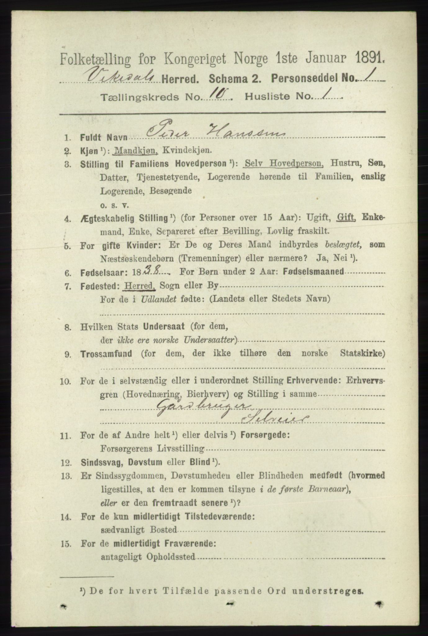 RA, 1891 census for 1157 Vikedal, 1891, p. 2527