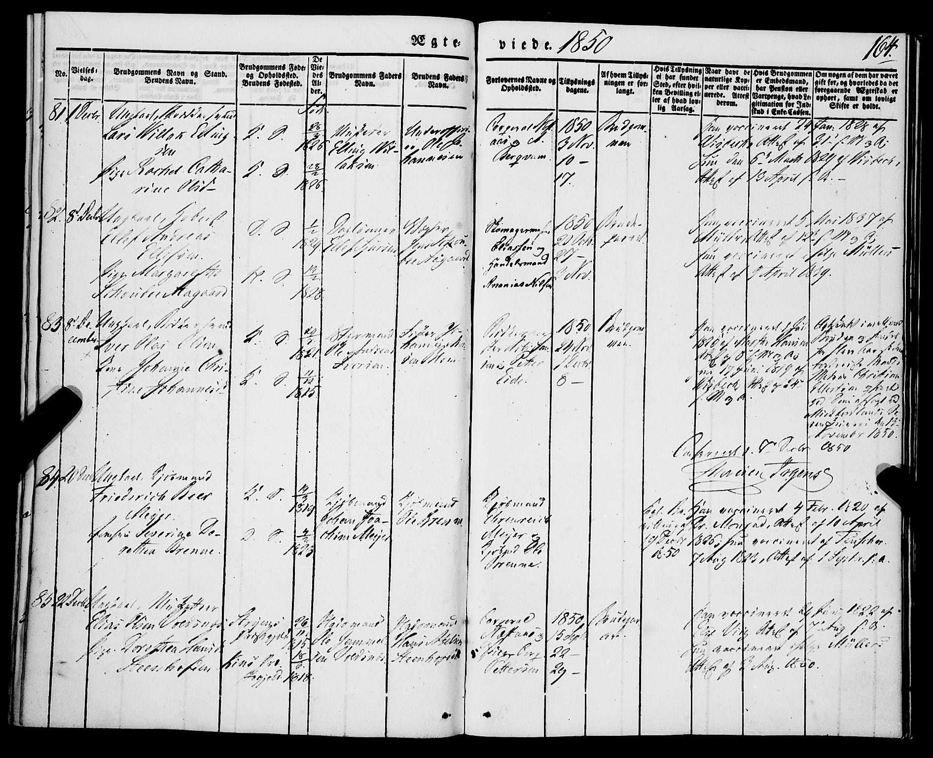 Korskirken sokneprestembete, SAB/A-76101/H/Haa/L0034: Parish register (official) no. D 1, 1832-1852, p. 164
