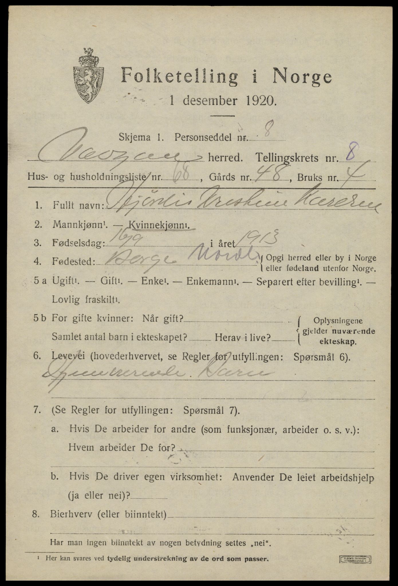 SAT, 1920 census for Vågan, 1920, p. 7953