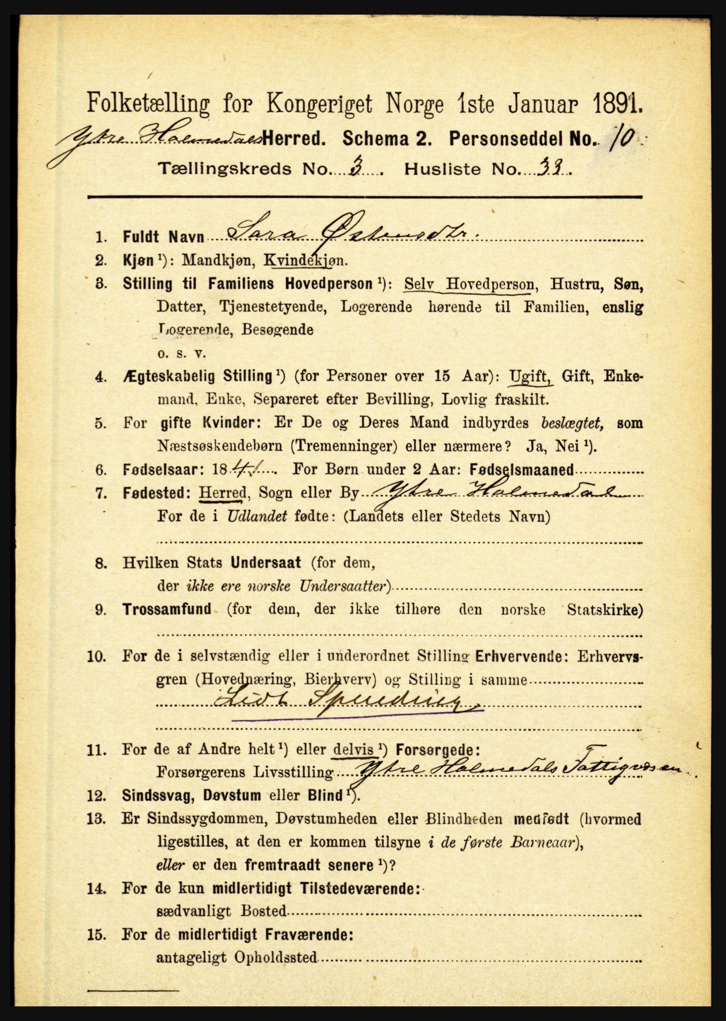 RA, 1891 census for 1429 Ytre Holmedal, 1891, p. 852