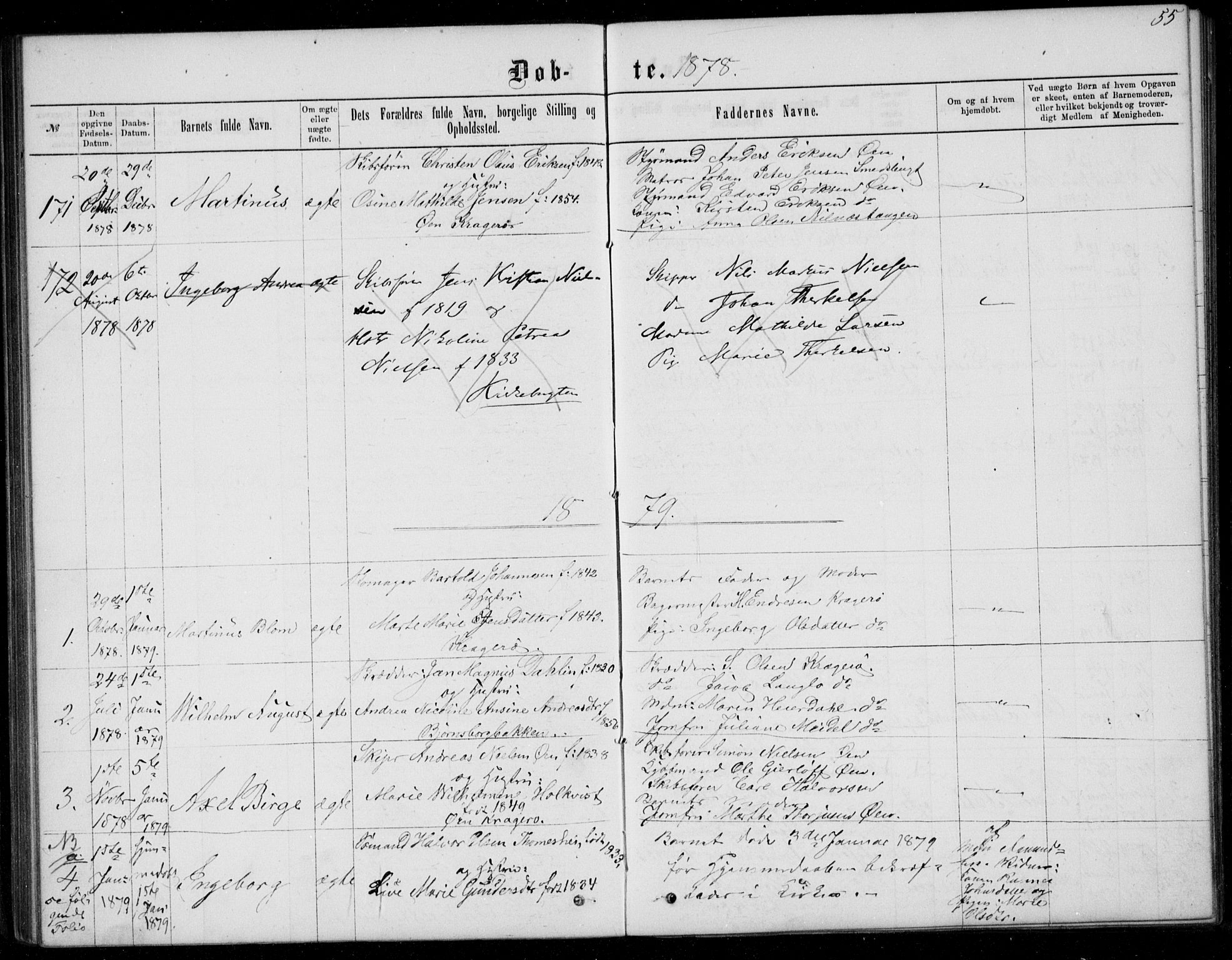 Kragerø kirkebøker, AV/SAKO-A-278/G/Ga/L0006: Parish register (copy) no. 6, 1876-1881, p. 55
