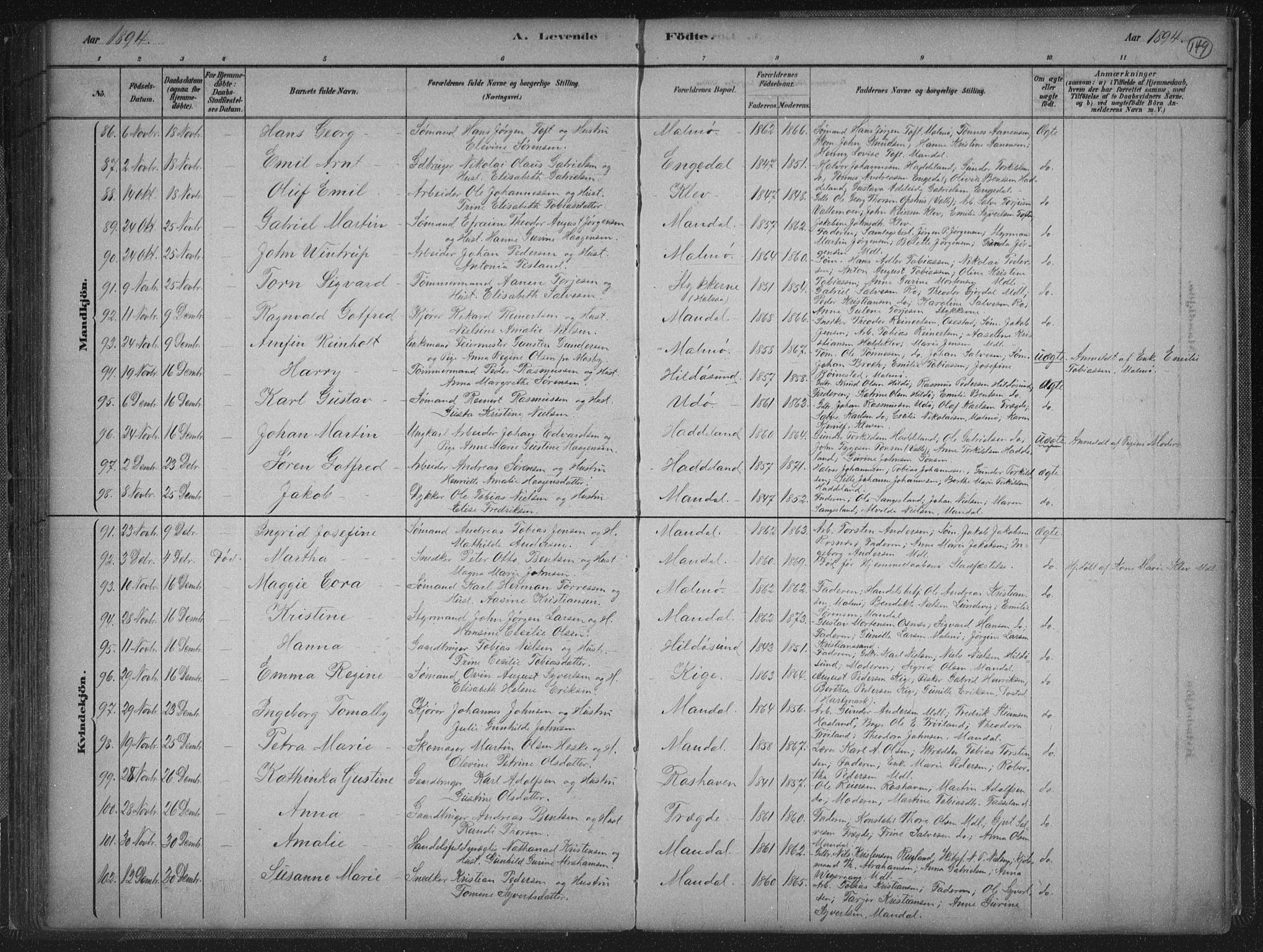 Mandal sokneprestkontor, AV/SAK-1111-0030/F/Fb/Fba/L0011: Parish register (copy) no. B 5, 1880-1898, p. 149