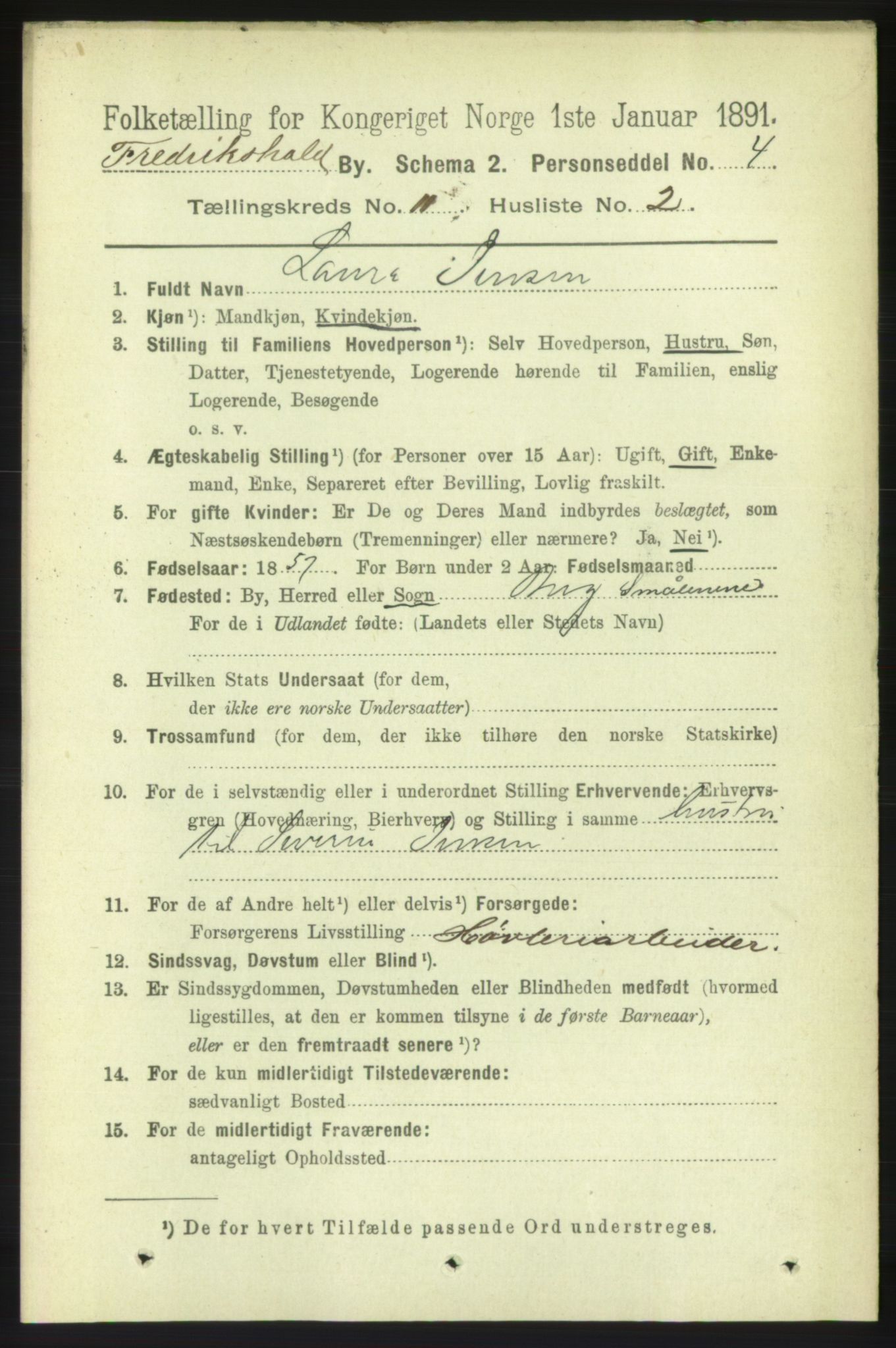 RA, 1891 census for 0101 Fredrikshald, 1891, p. 7646