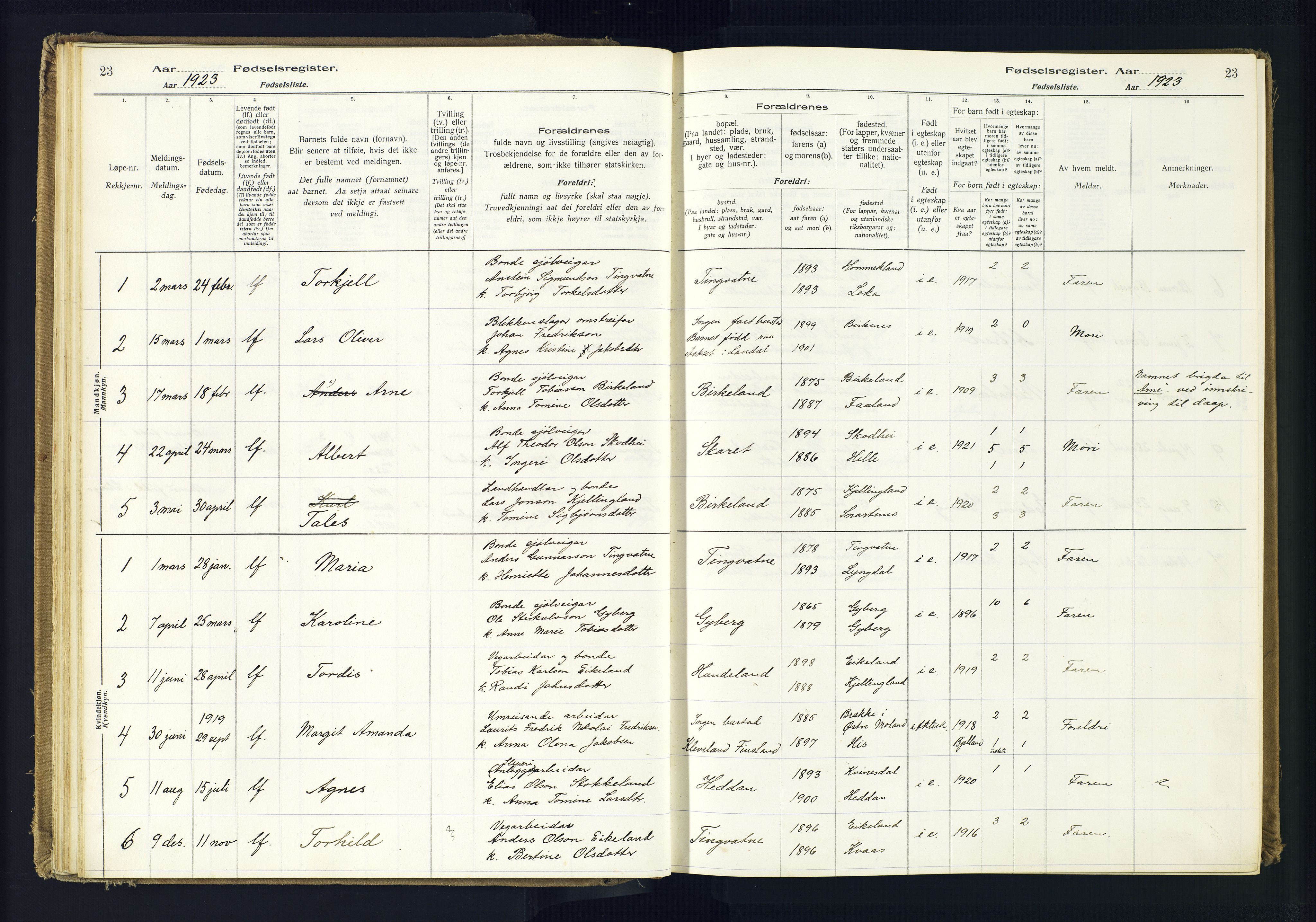 Hægebostad sokneprestkontor, SAK/1111-0024/J/Ja/L0001: Birth register no. II.6.7, 1916-1982, p. 23