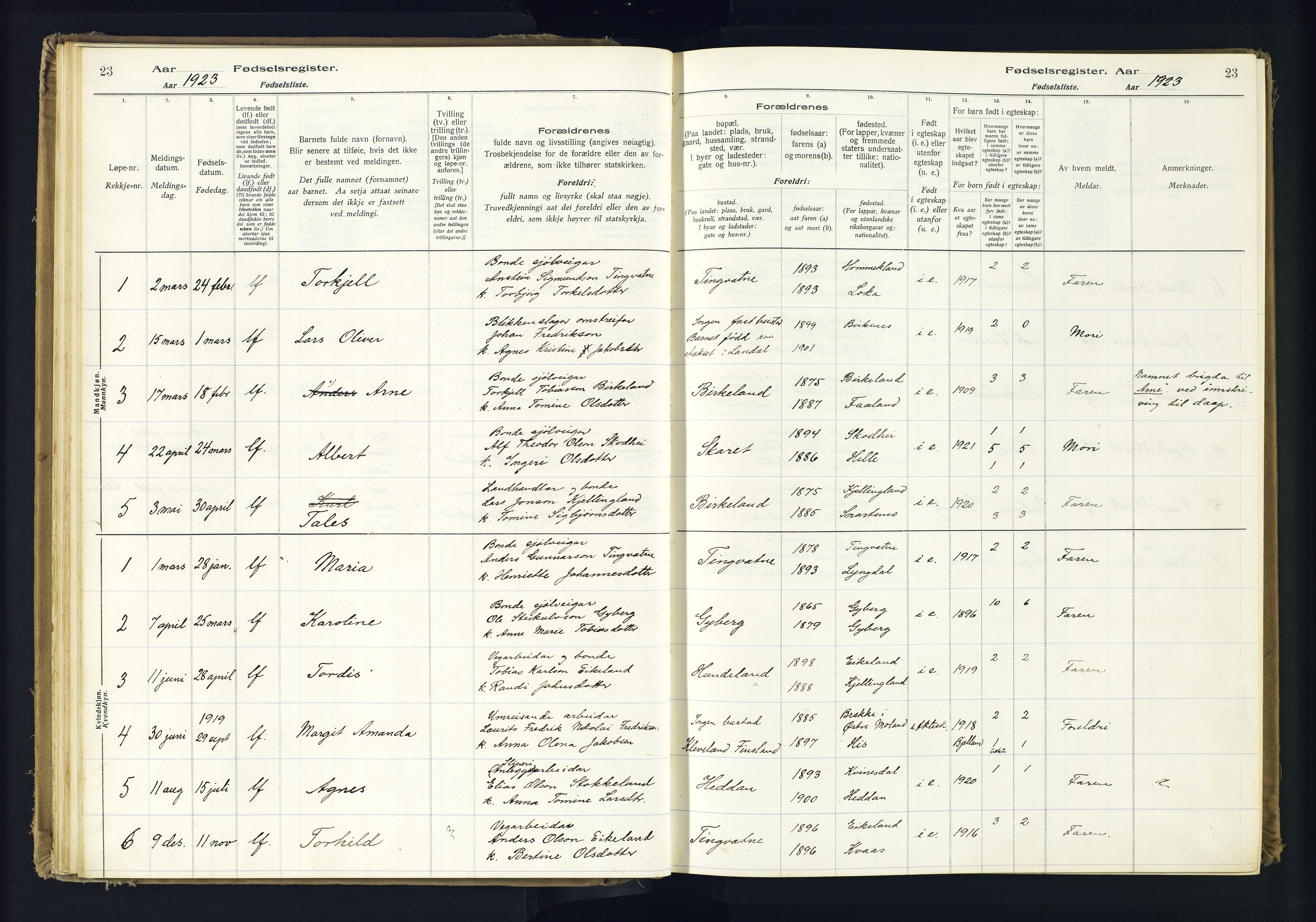 Hægebostad sokneprestkontor, AV/SAK-1111-0024/J/Ja/L0001: Birth register no. II.6.7, 1916-1982, p. 23