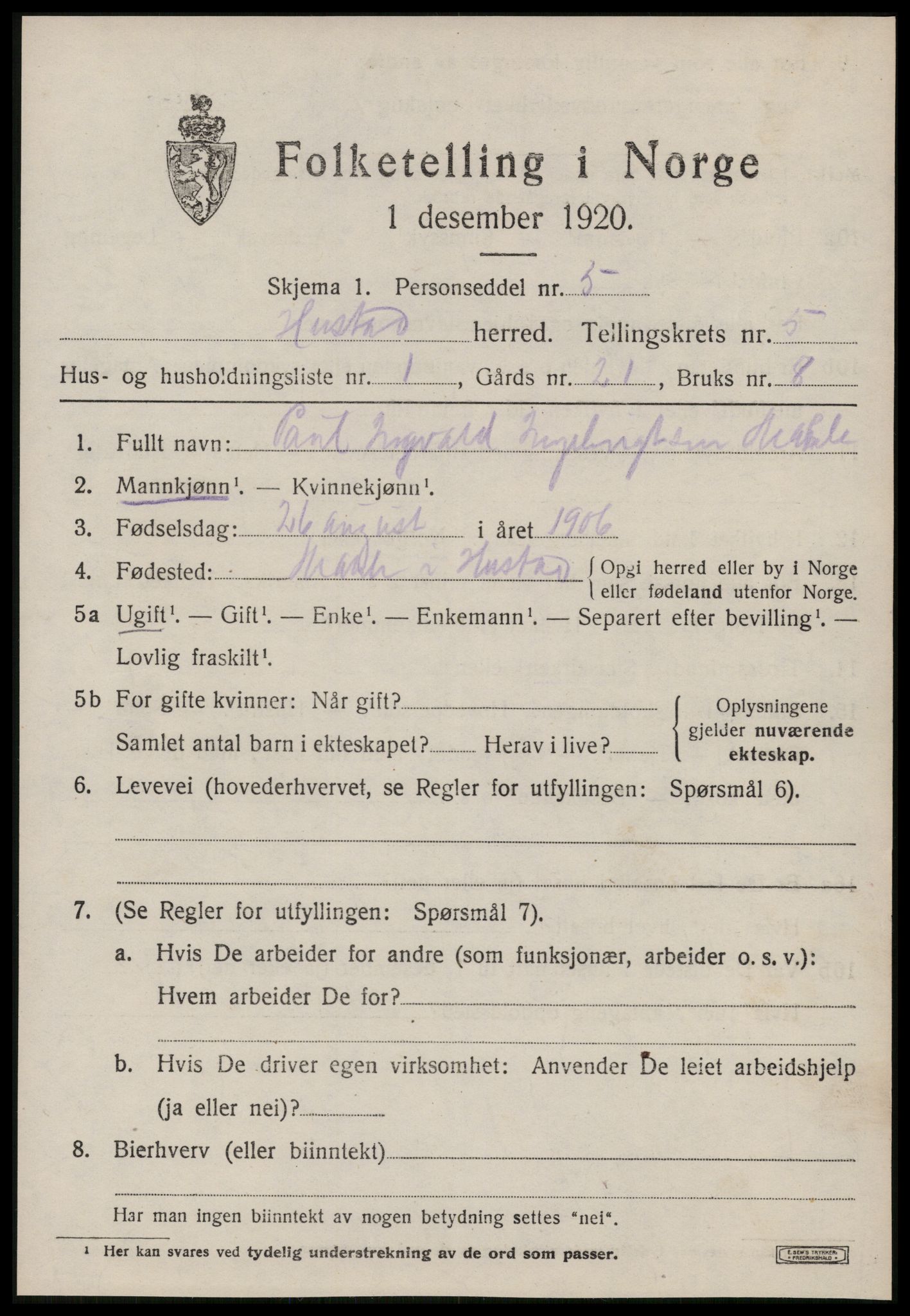 SAT, 1920 census for Hustad, 1920, p. 3597