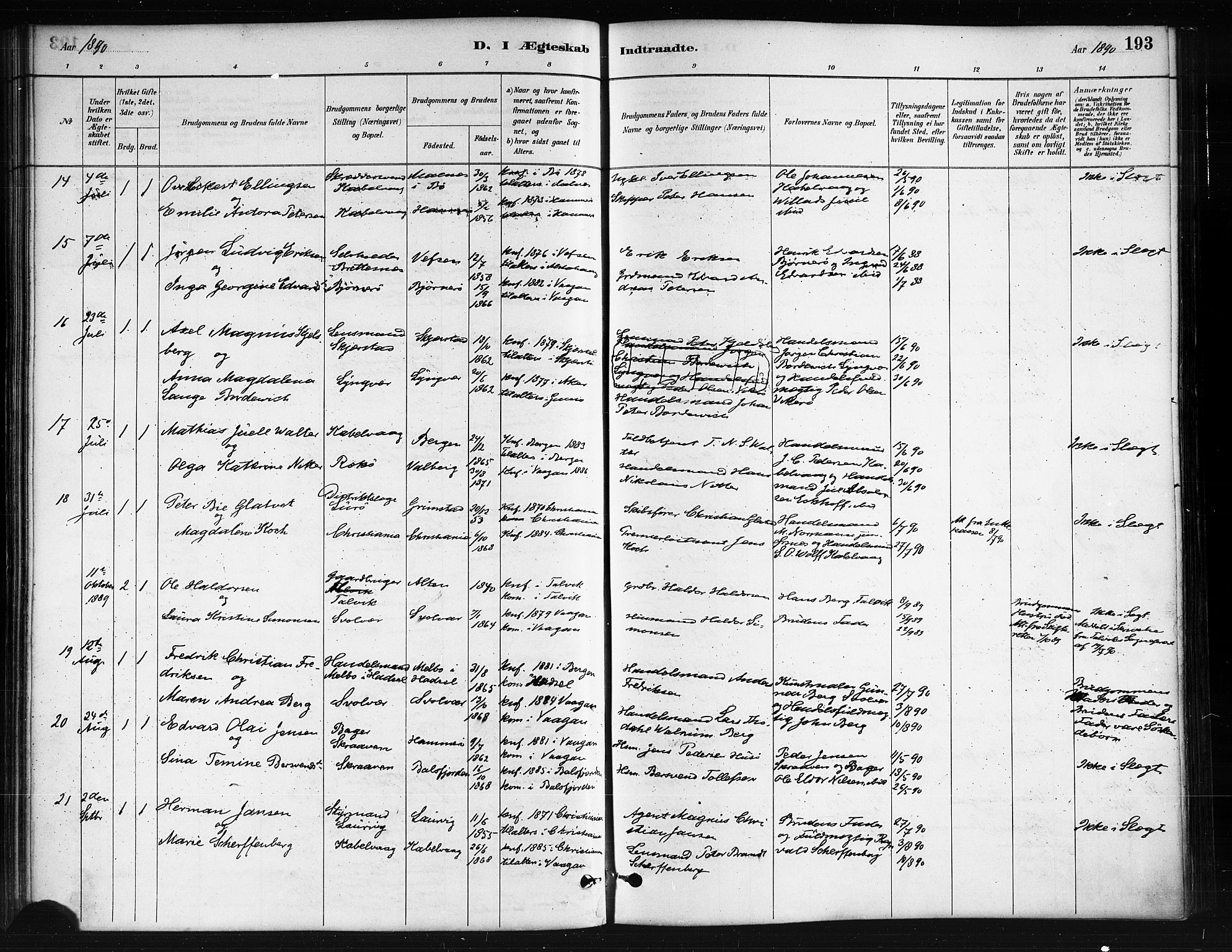 Ministerialprotokoller, klokkerbøker og fødselsregistre - Nordland, AV/SAT-A-1459/874/L1059: Parish register (official) no. 874A03, 1884-1890, p. 193