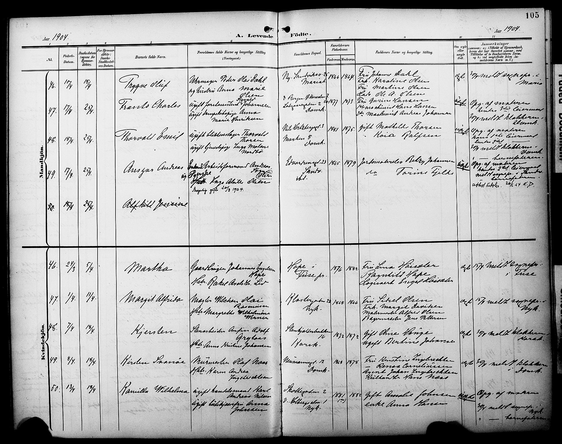 Fødselsstiftelsens sokneprestembete*, SAB/-: Parish register (official) no. A 3, 1901-1910, p. 105