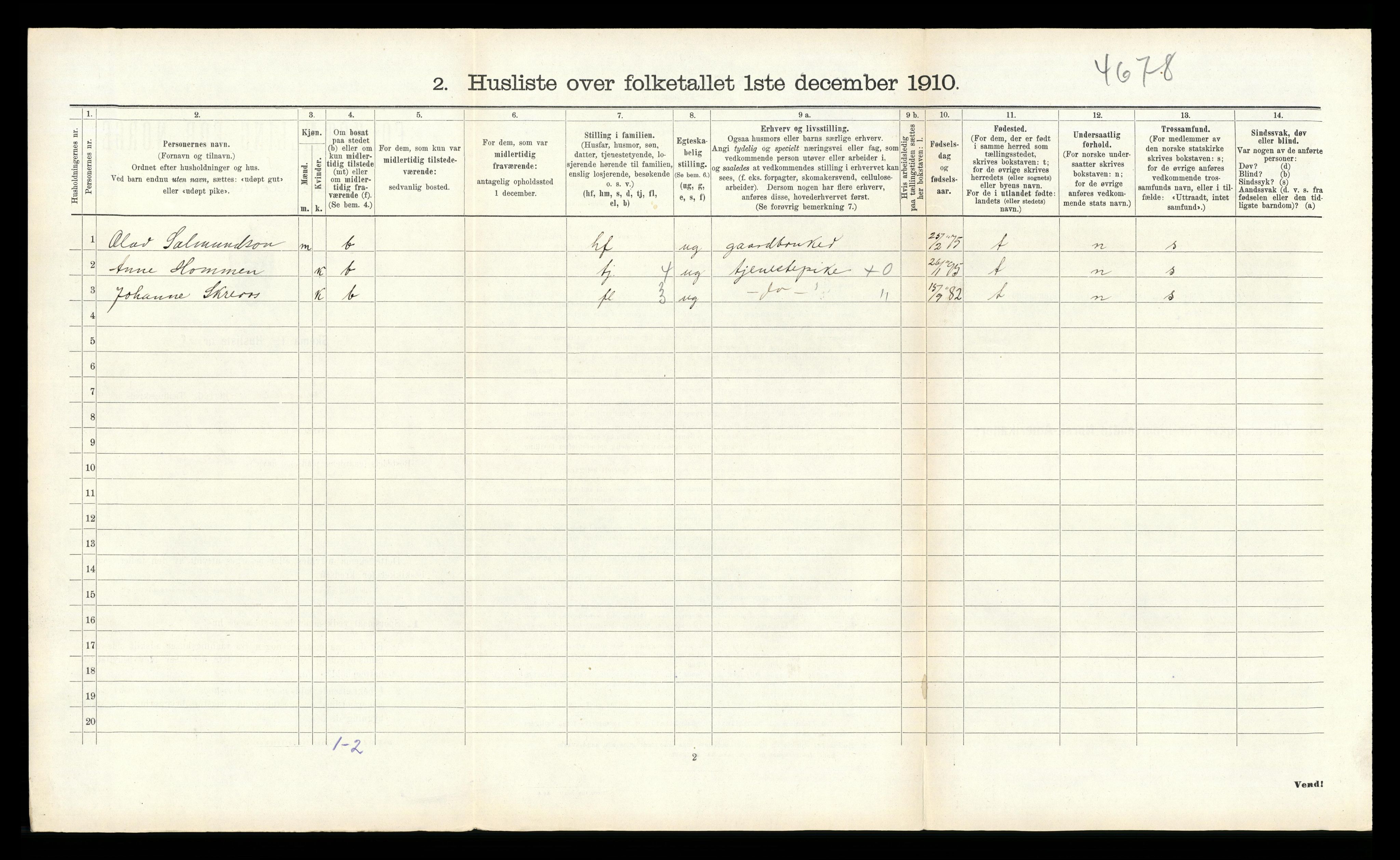 RA, 1910 census for Vegusdal, 1910, p. 282