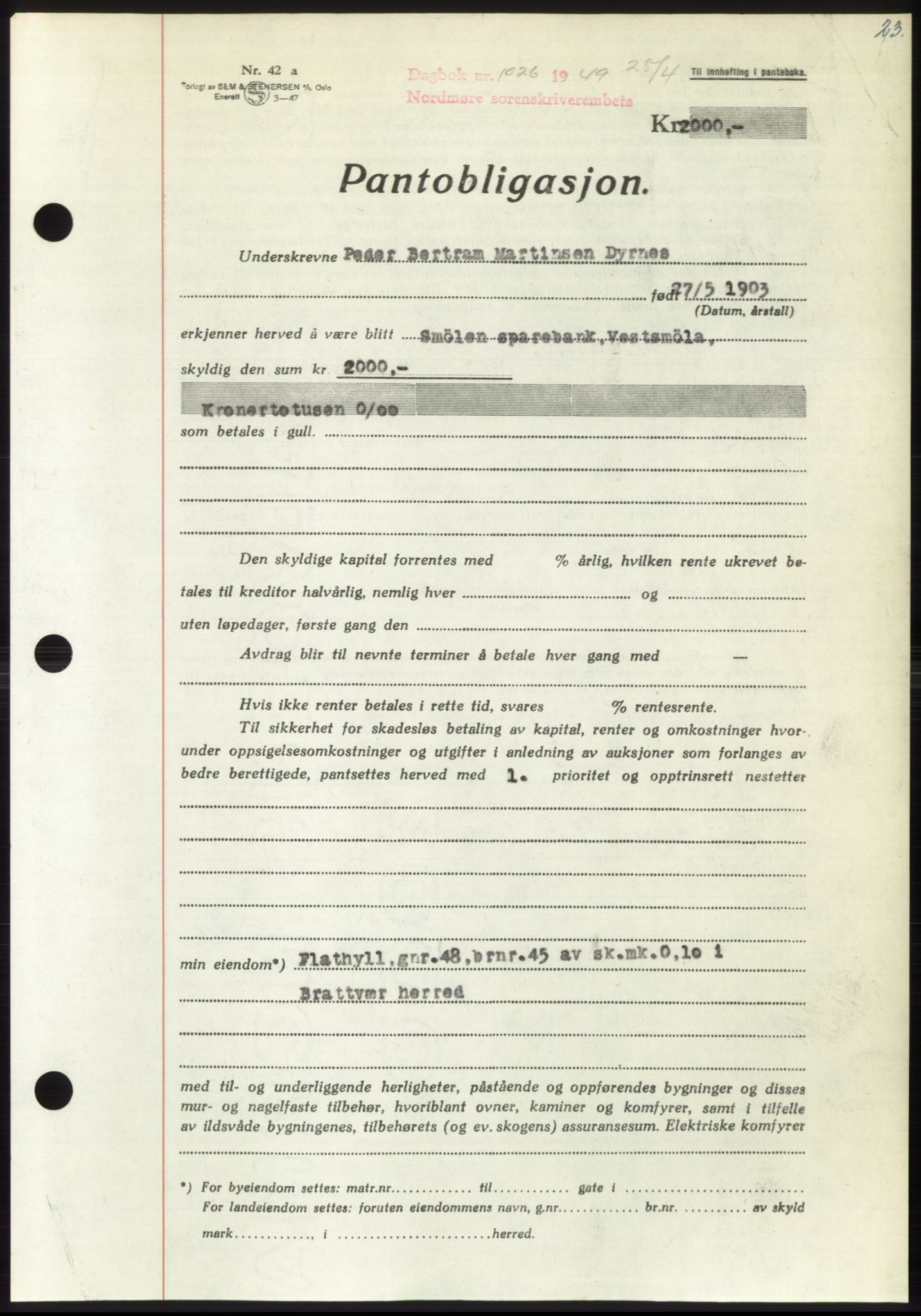 Nordmøre sorenskriveri, AV/SAT-A-4132/1/2/2Ca: Mortgage book no. B101, 1949-1949, Diary no: : 1026/1949