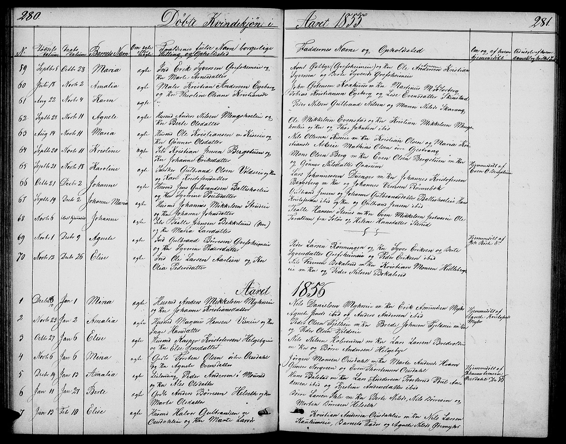 Nes prestekontor, Hedmark, SAH/PREST-020/L/La/L0005: Parish register (copy) no. 5, 1852-1889, p. 280-281