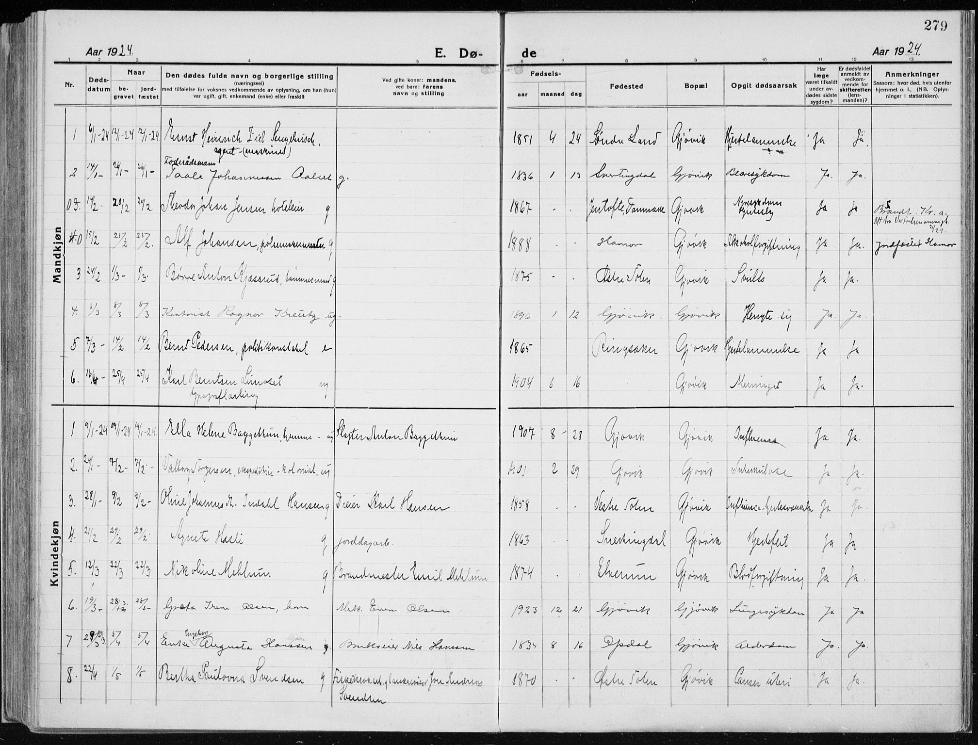 Vardal prestekontor, SAH/PREST-100/H/Ha/Haa/L0015: Parish register (official) no. 15, 1923-1937, p. 279