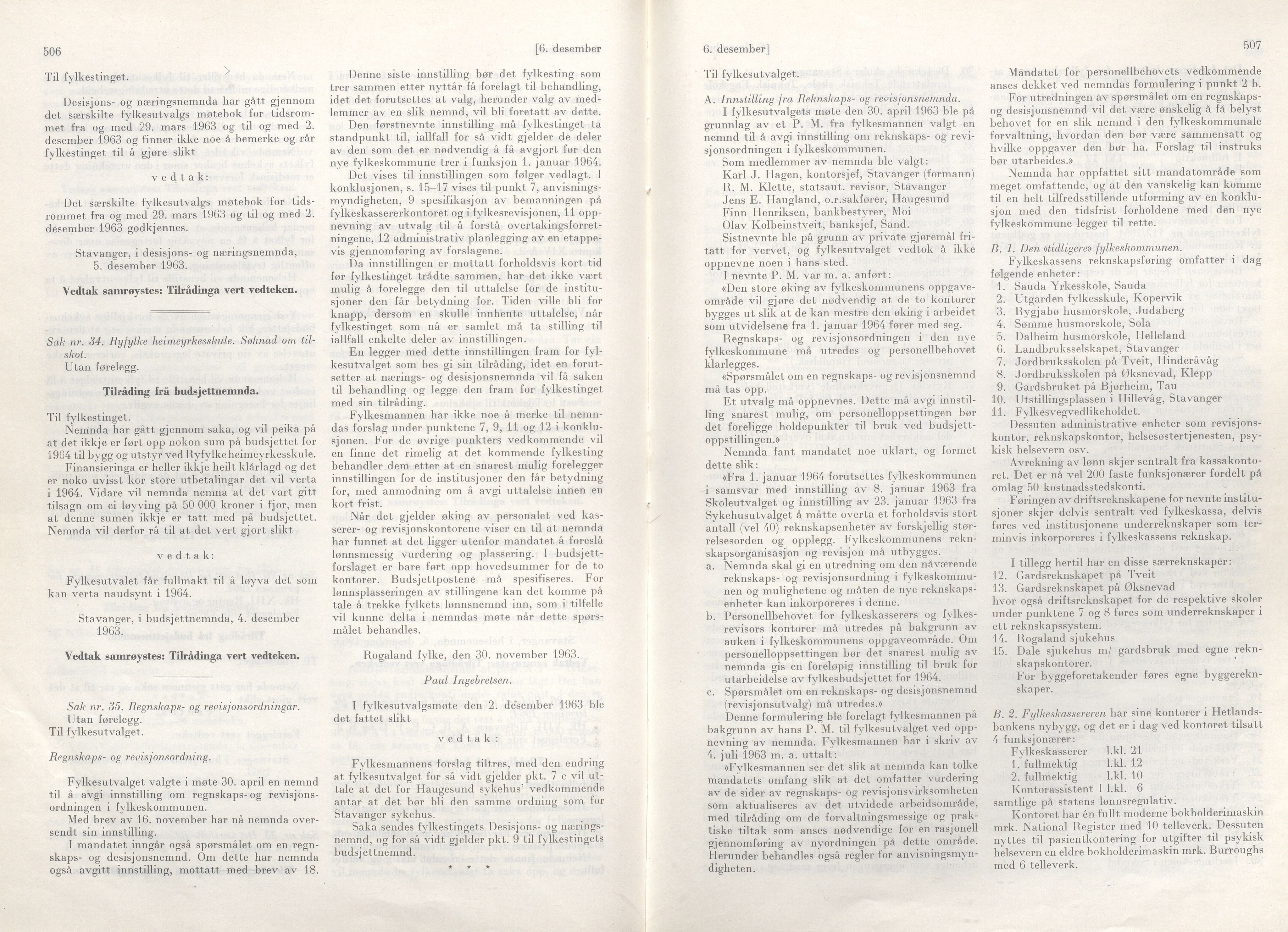 Rogaland fylkeskommune - Fylkesrådmannen , IKAR/A-900/A/Aa/Aaa/L0083: Møtebok , 1963, p. 506-507