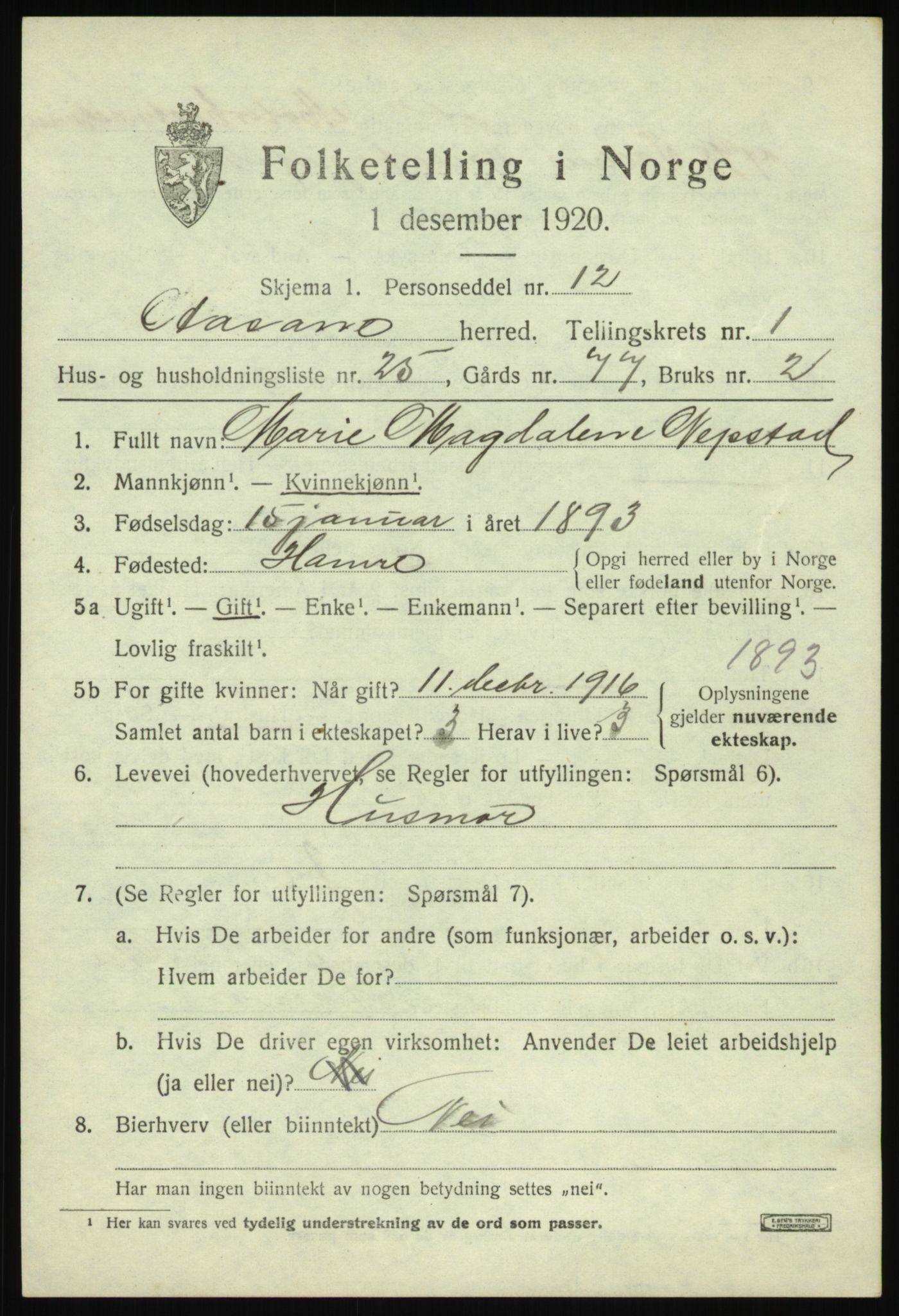 SAB, 1920 census for Åsane, 1920, p. 1197