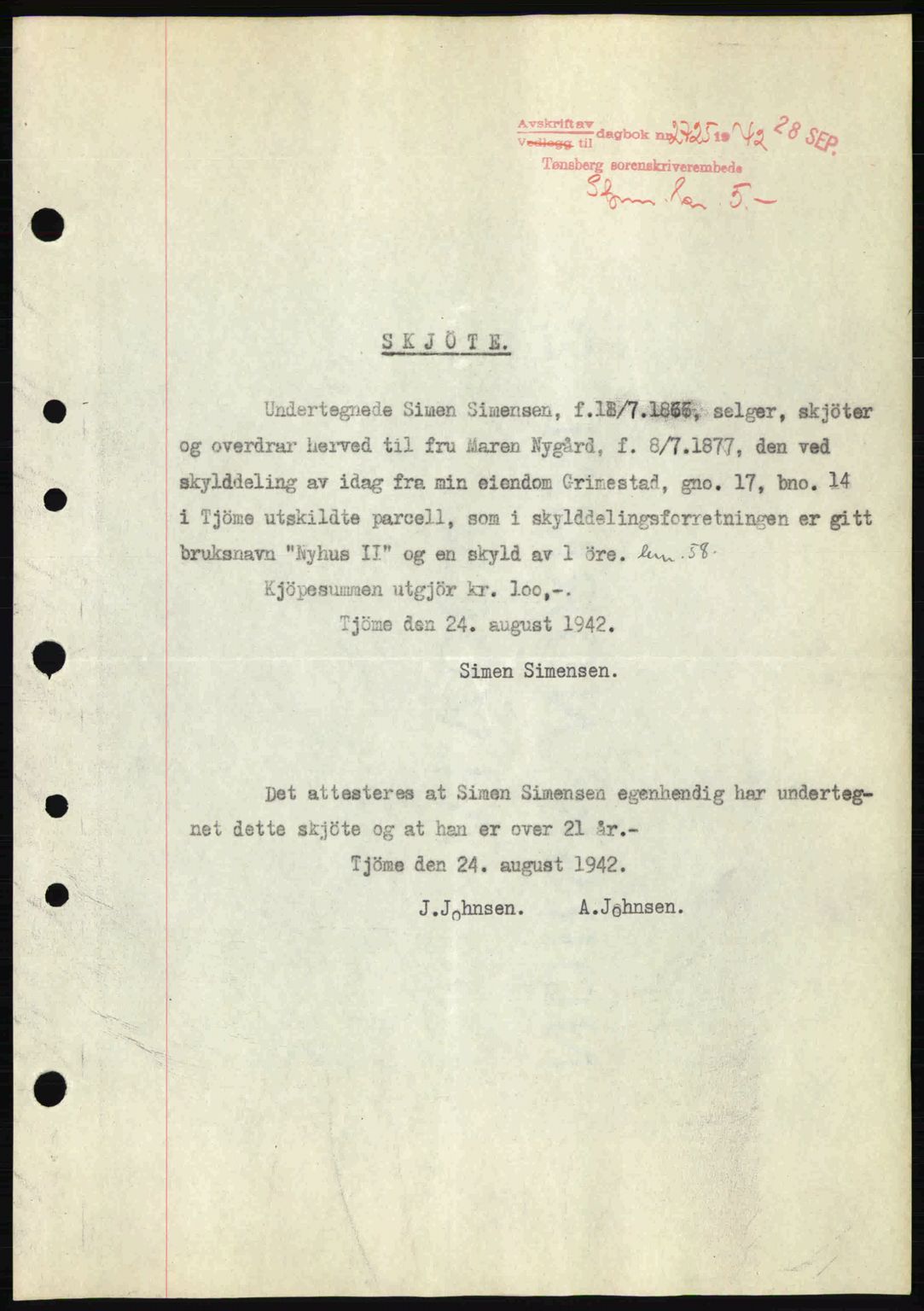 Tønsberg sorenskriveri, AV/SAKO-A-130/G/Ga/Gaa/L0012: Mortgage book no. A12, 1942-1943, Diary no: : 2725/1942