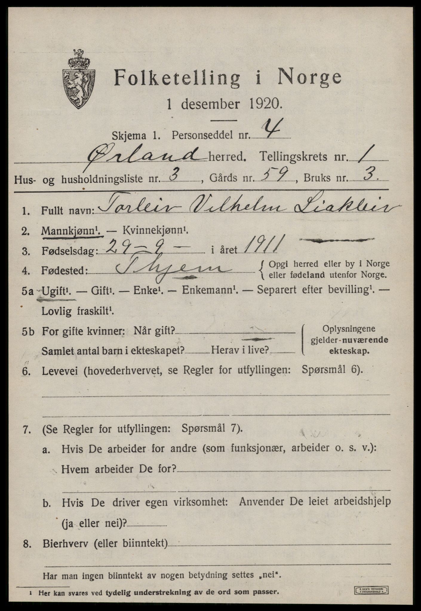 SAT, 1920 census for Ørland, 1920, p. 1387