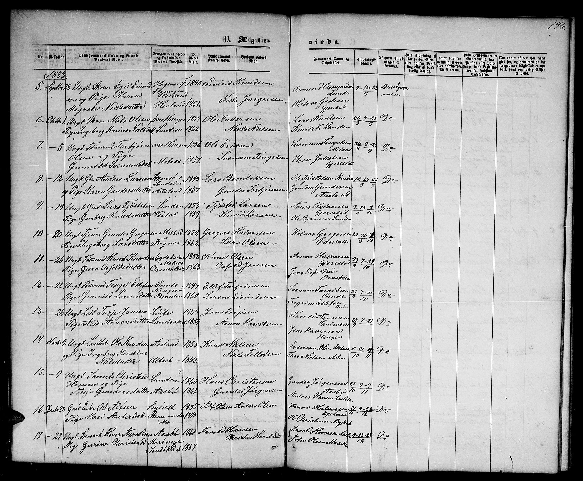 Gjerstad sokneprestkontor, AV/SAK-1111-0014/F/Fb/Fba/L0006: Parish register (copy) no. B 6, 1868-1890, p. 146