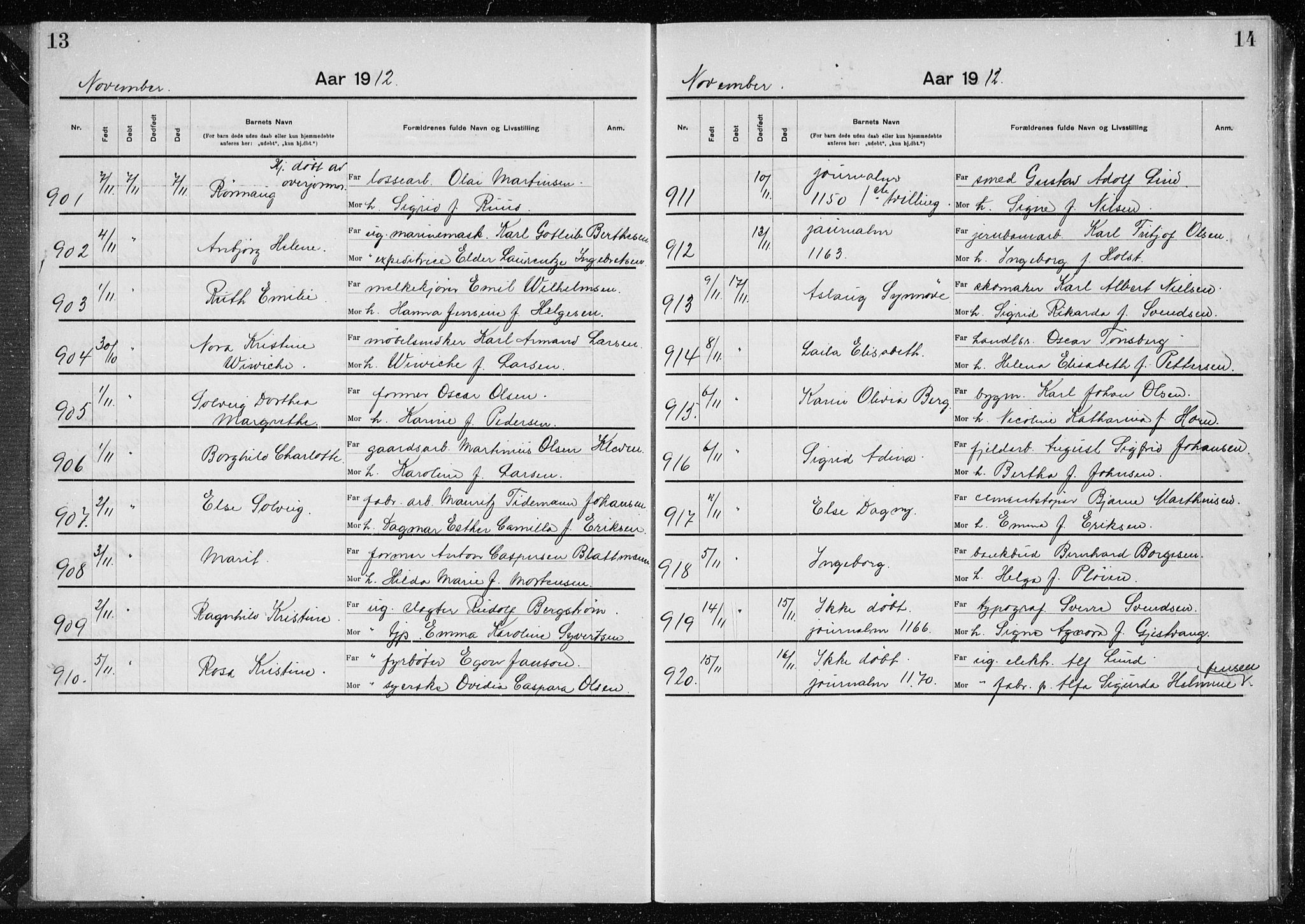 Rikshospitalet prestekontor Kirkebøker, AV/SAO-A-10309b/K/L0007/0002: Baptism register no. 7.2, 1912-1914, p. 13-14