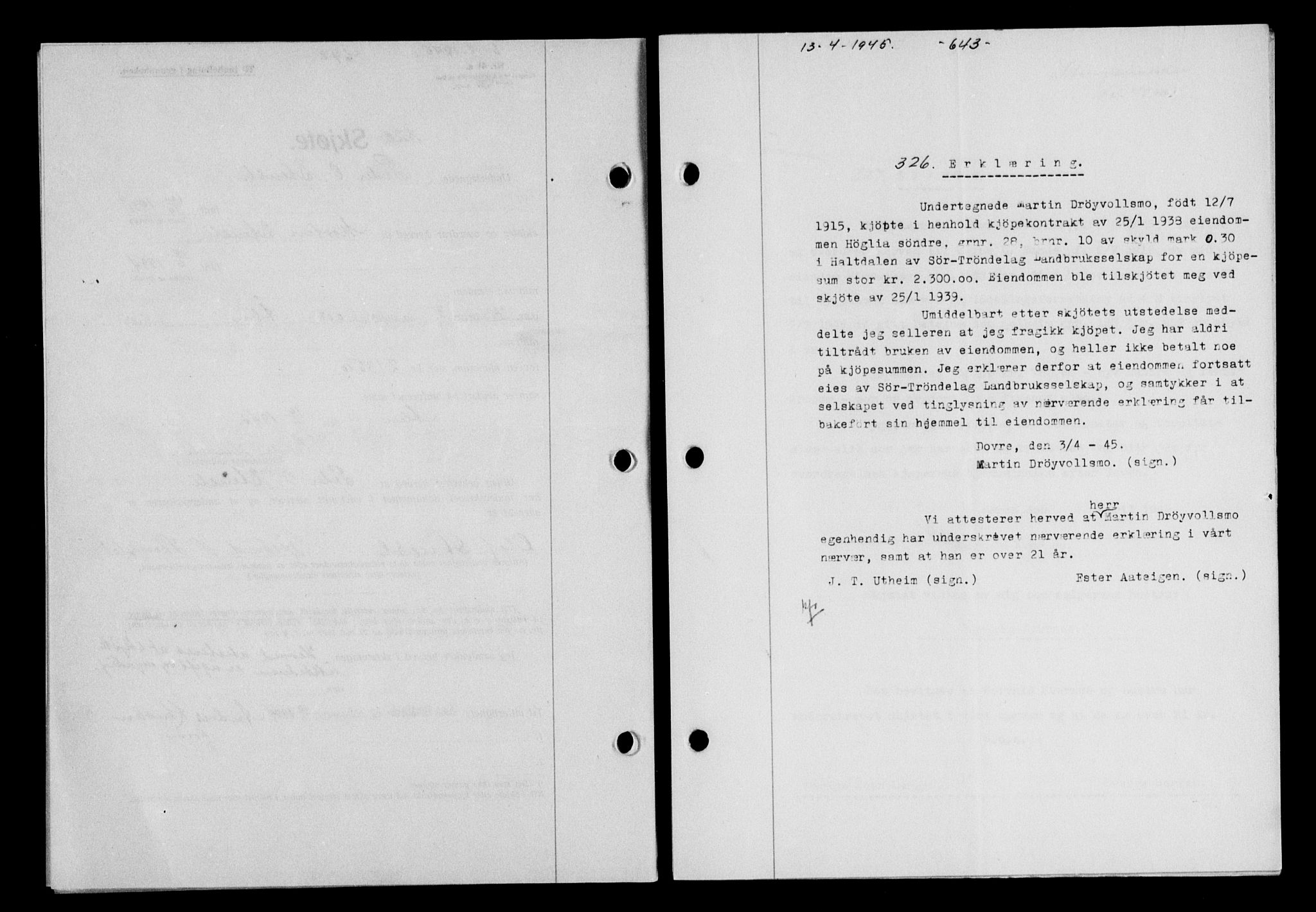 Gauldal sorenskriveri, SAT/A-0014/1/2/2C/L0058: Mortgage book no. 63, 1944-1945, Diary no: : 326/1945