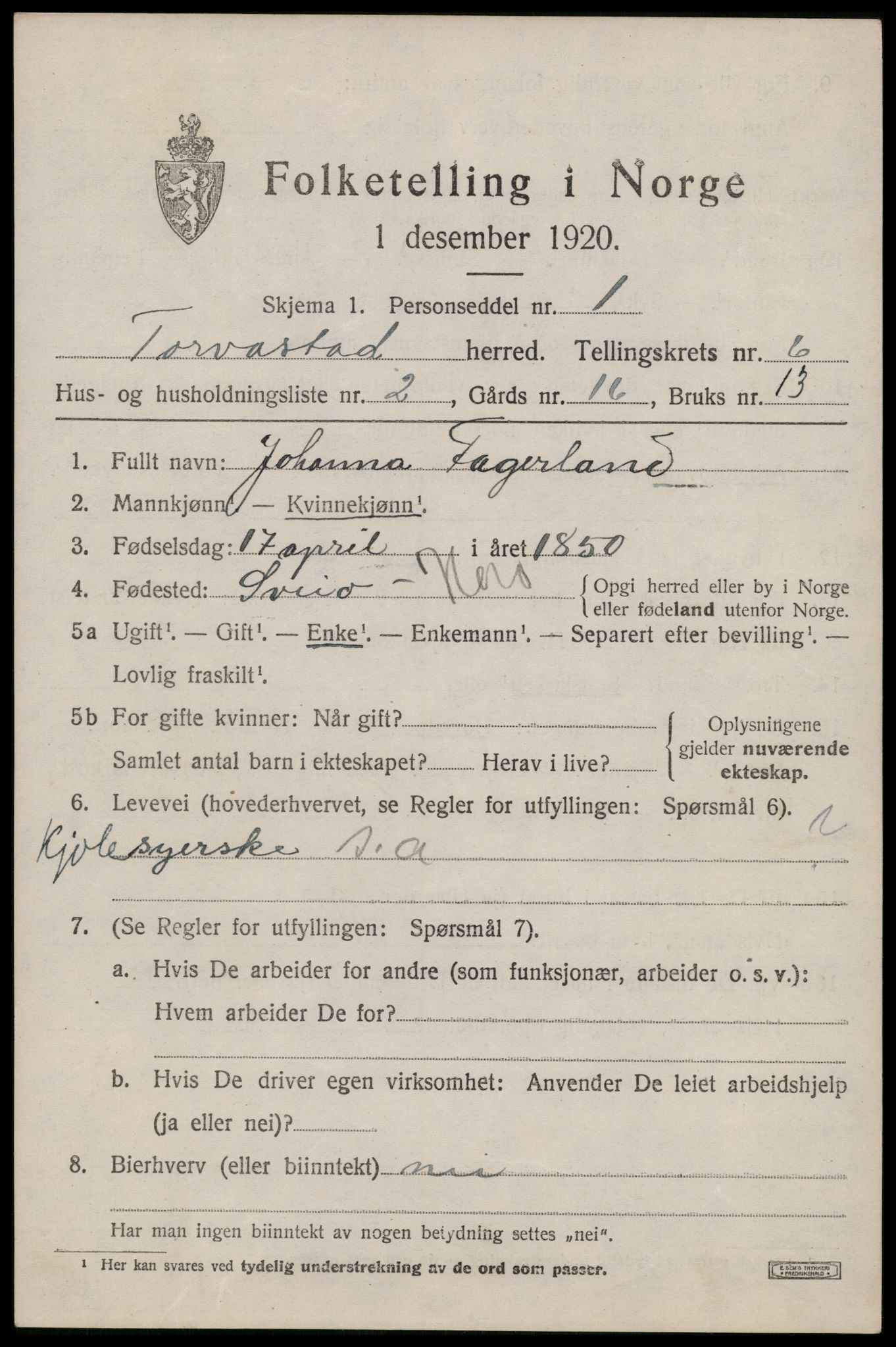 SAST, 1920 census for Torvastad, 1920, p. 4918