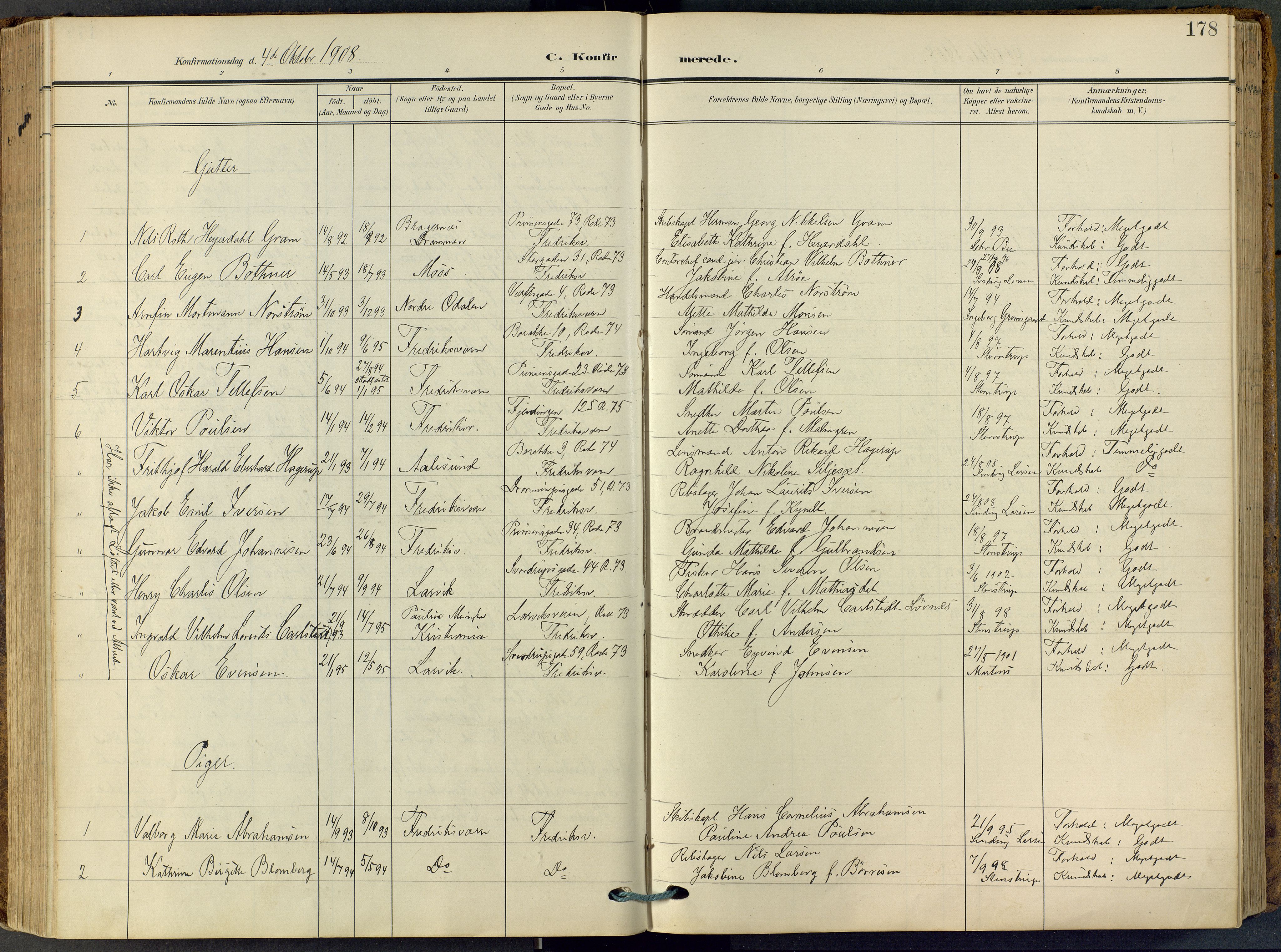 Stavern kirkebøker, SAKO/A-318/F/Fa/L0009: Parish register (official) no. 9, 1906-1955, p. 178