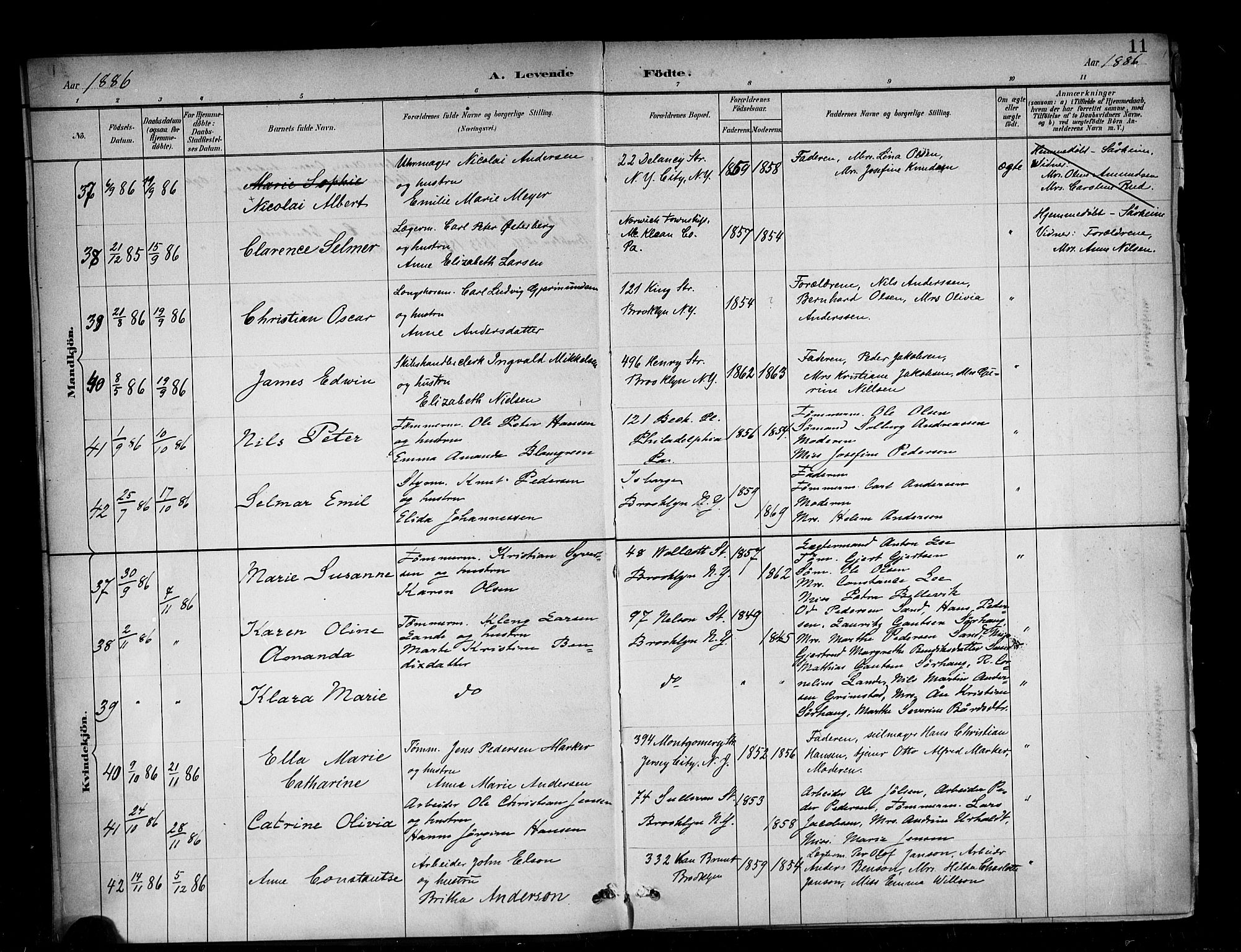 Den norske sjømannsmisjon i utlandet/New York, SAB/SAB/PA-0110/H/Ha/L0002: Parish register (official) no. A 2, 1886-1888, p. 11