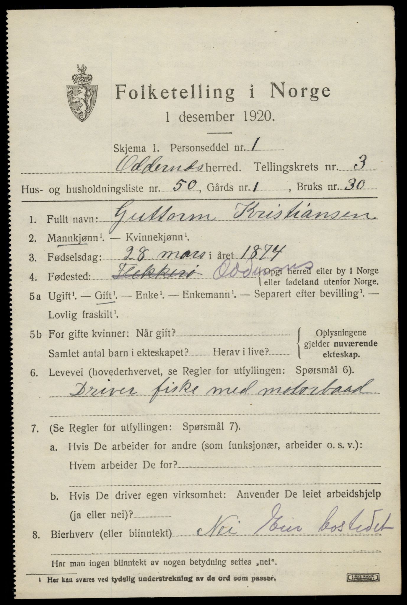 SAK, 1920 census for Oddernes, 1920, p. 3893