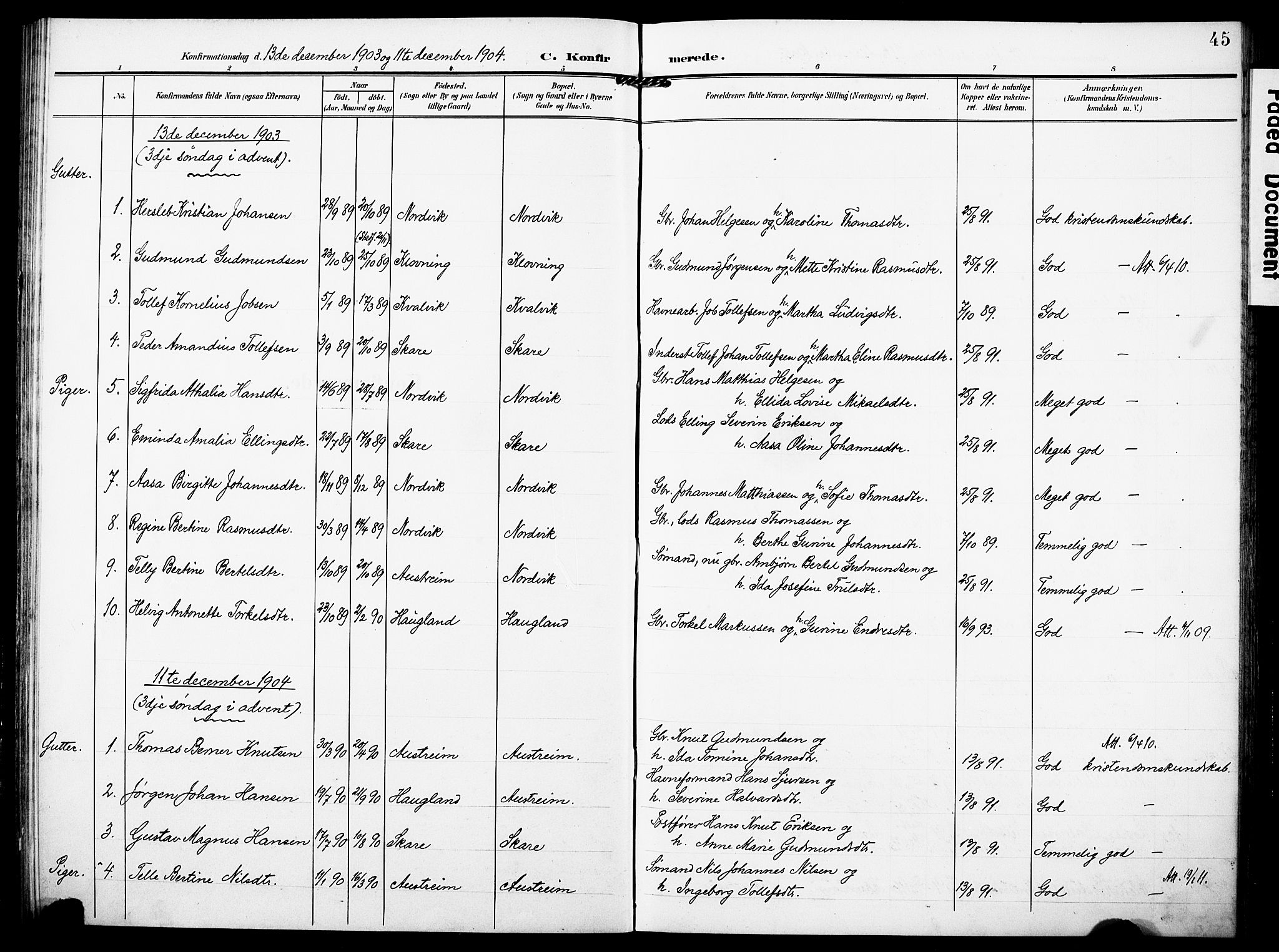 Torvastad sokneprestkontor, AV/SAST-A -101857/H/Ha/Haa/L0018: Parish register (official) no. A 17, 1903-1925, p. 45