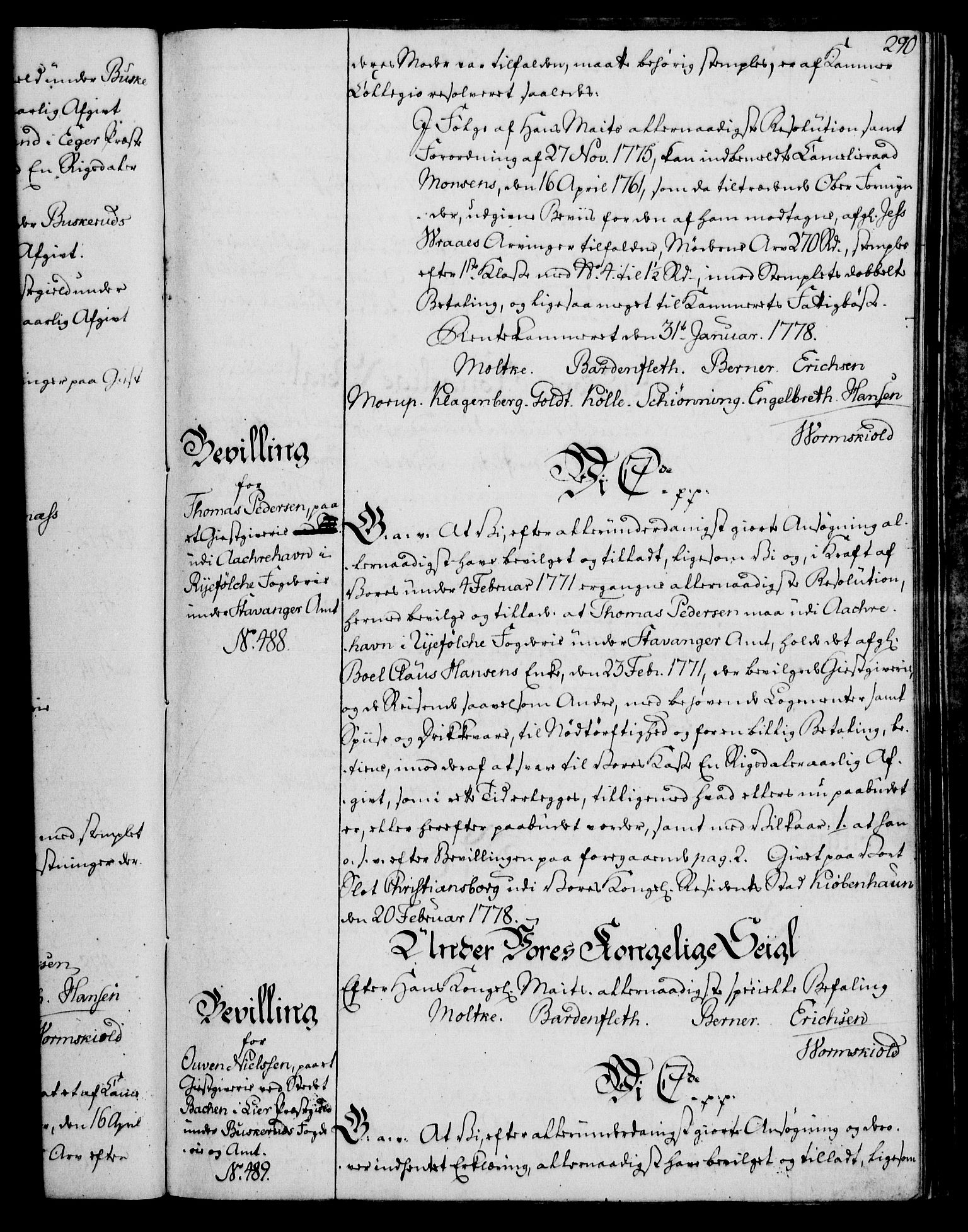 Rentekammeret, Kammerkanselliet, AV/RA-EA-3111/G/Gg/Gga/L0010: Norsk ekspedisjonsprotokoll med register (merket RK 53.10), 1773-1778, p. 290