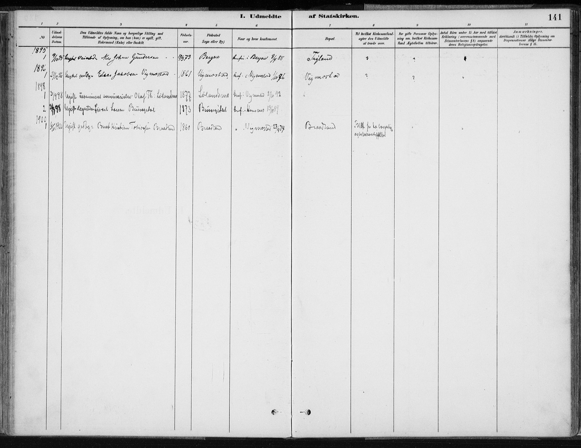 Nord-Audnedal sokneprestkontor, AV/SAK-1111-0032/F/Fa/Fab/L0003: Parish register (official) no. A 3, 1882-1900, p. 141