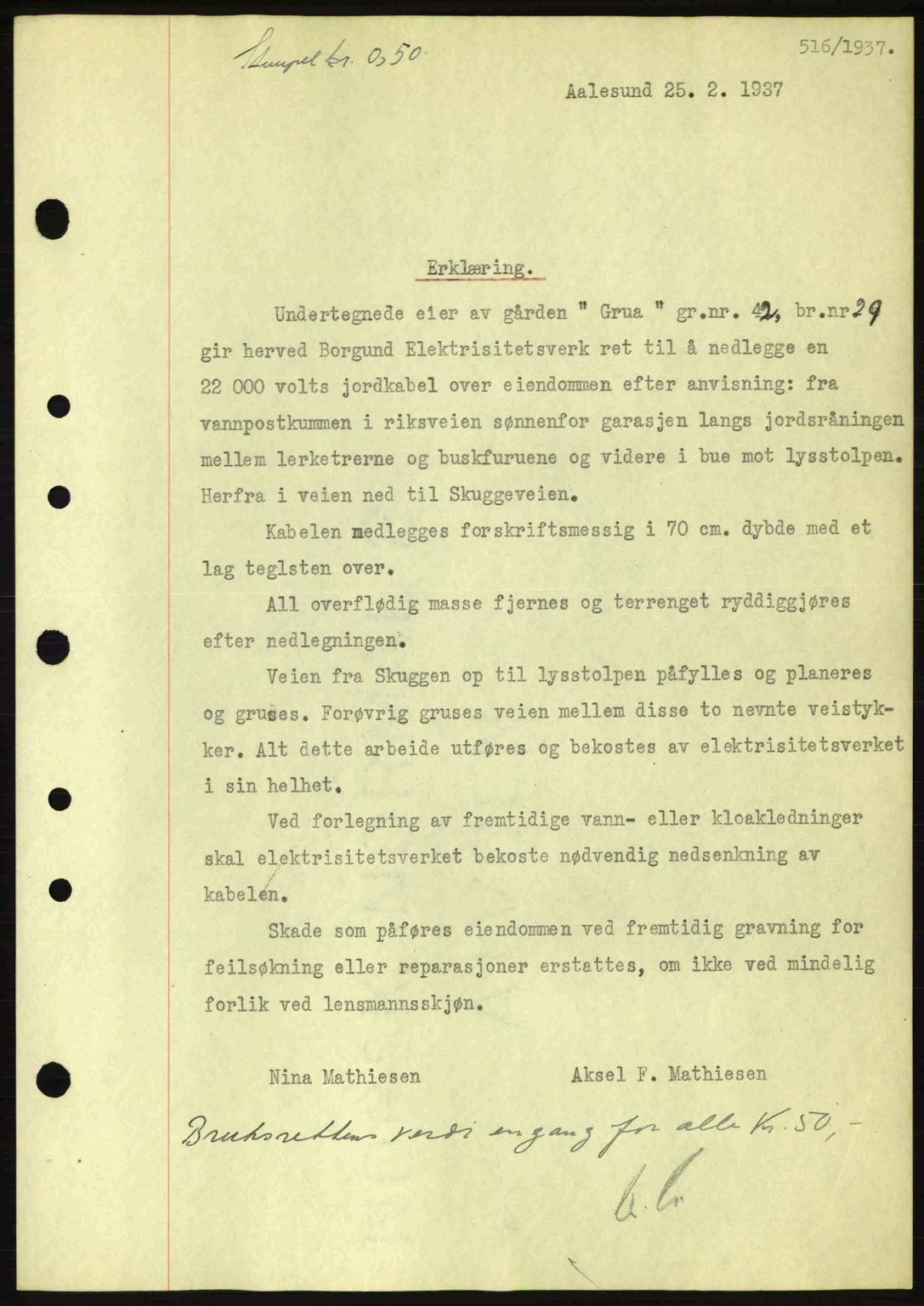 Nordre Sunnmøre sorenskriveri, AV/SAT-A-0006/1/2/2C/2Ca: Mortgage book no. A2, 1936-1937, Diary no: : 516/1937