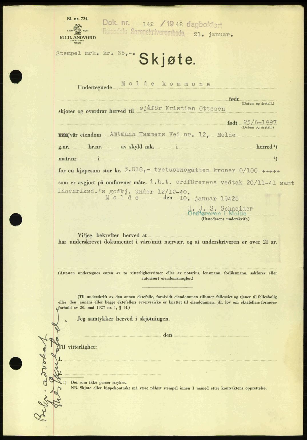 Romsdal sorenskriveri, AV/SAT-A-4149/1/2/2C: Mortgage book no. A11, 1941-1942, Diary no: : 142/1942