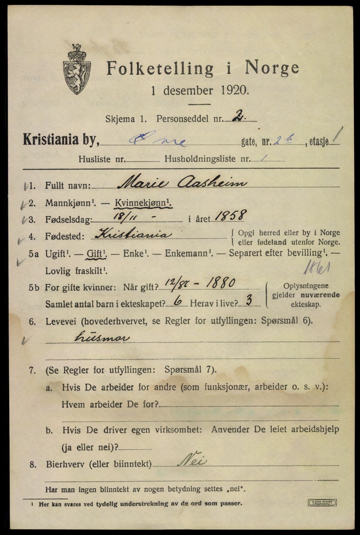 SAO, 1920 census for Kristiania, 1920, p. 658881