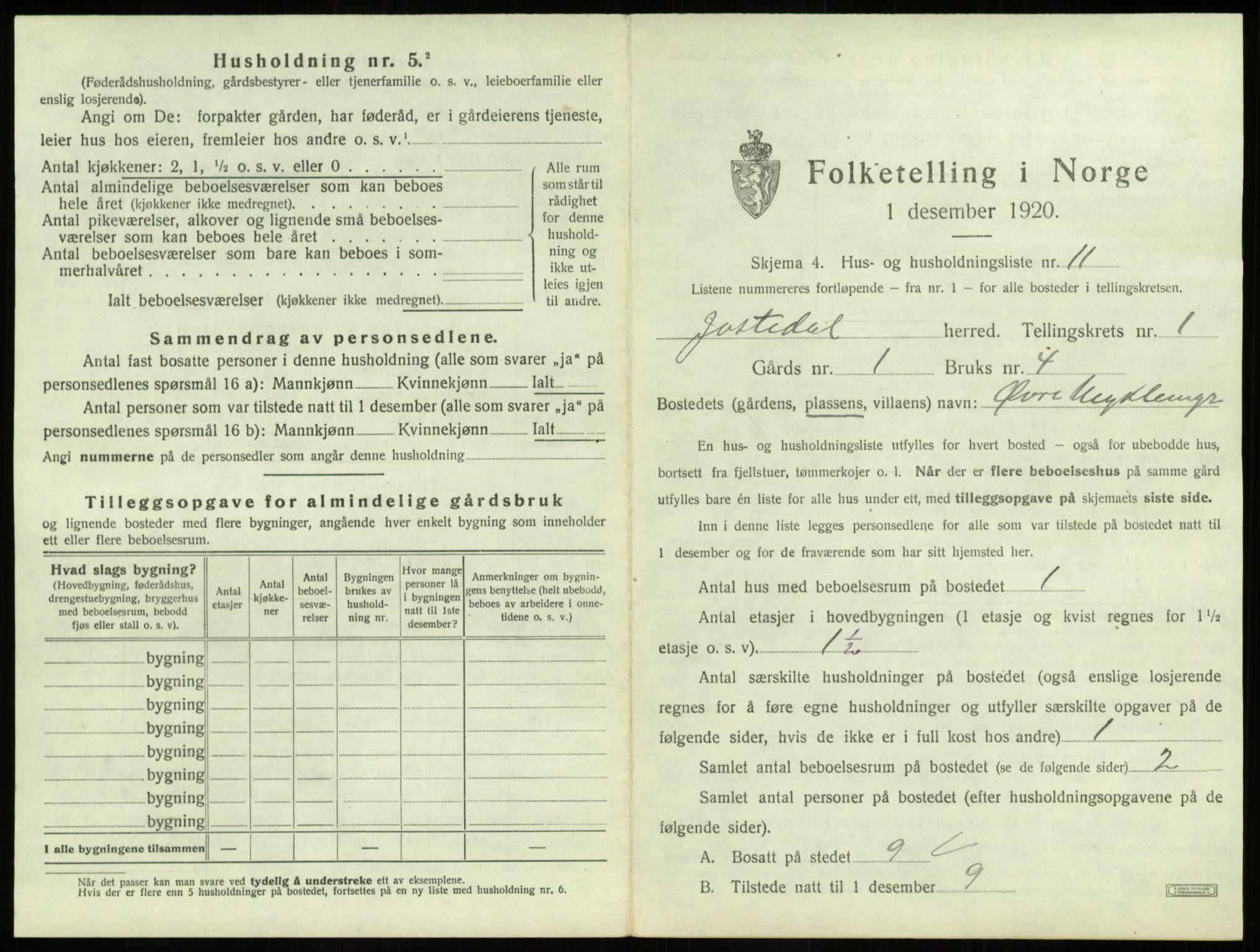 SAB, 1920 census for Jostedal, 1920, p. 40