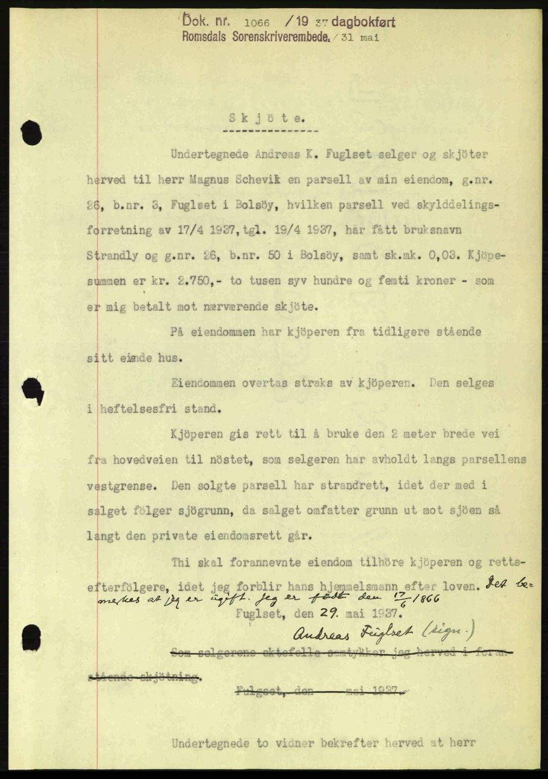 Romsdal sorenskriveri, SAT/A-4149/1/2/2C: Mortgage book no. A3, 1937-1937, Diary no: : 1066/1937