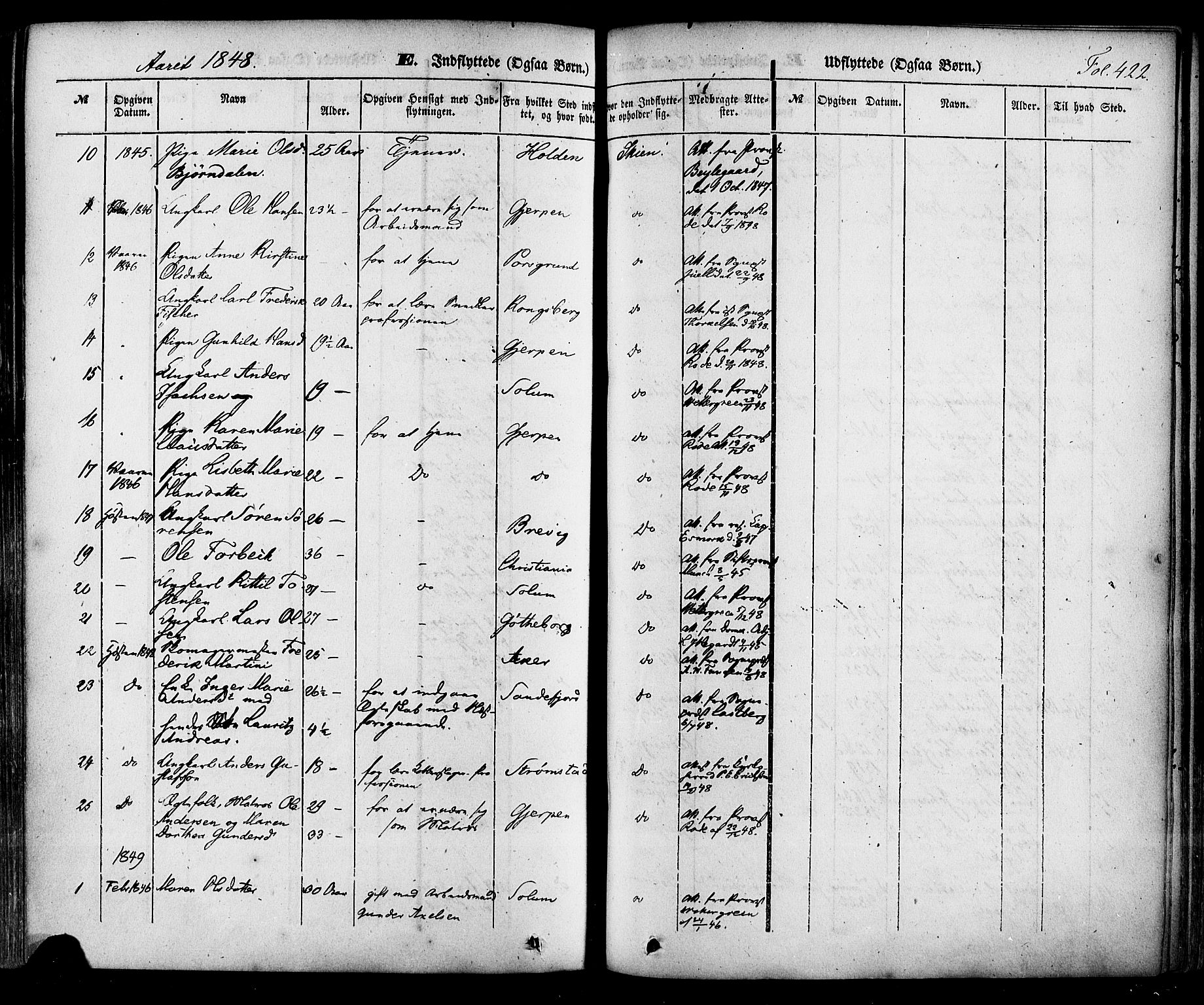 Skien kirkebøker, AV/SAKO-A-302/F/Fa/L0006a: Parish register (official) no. 6A, 1843-1856, p. 422