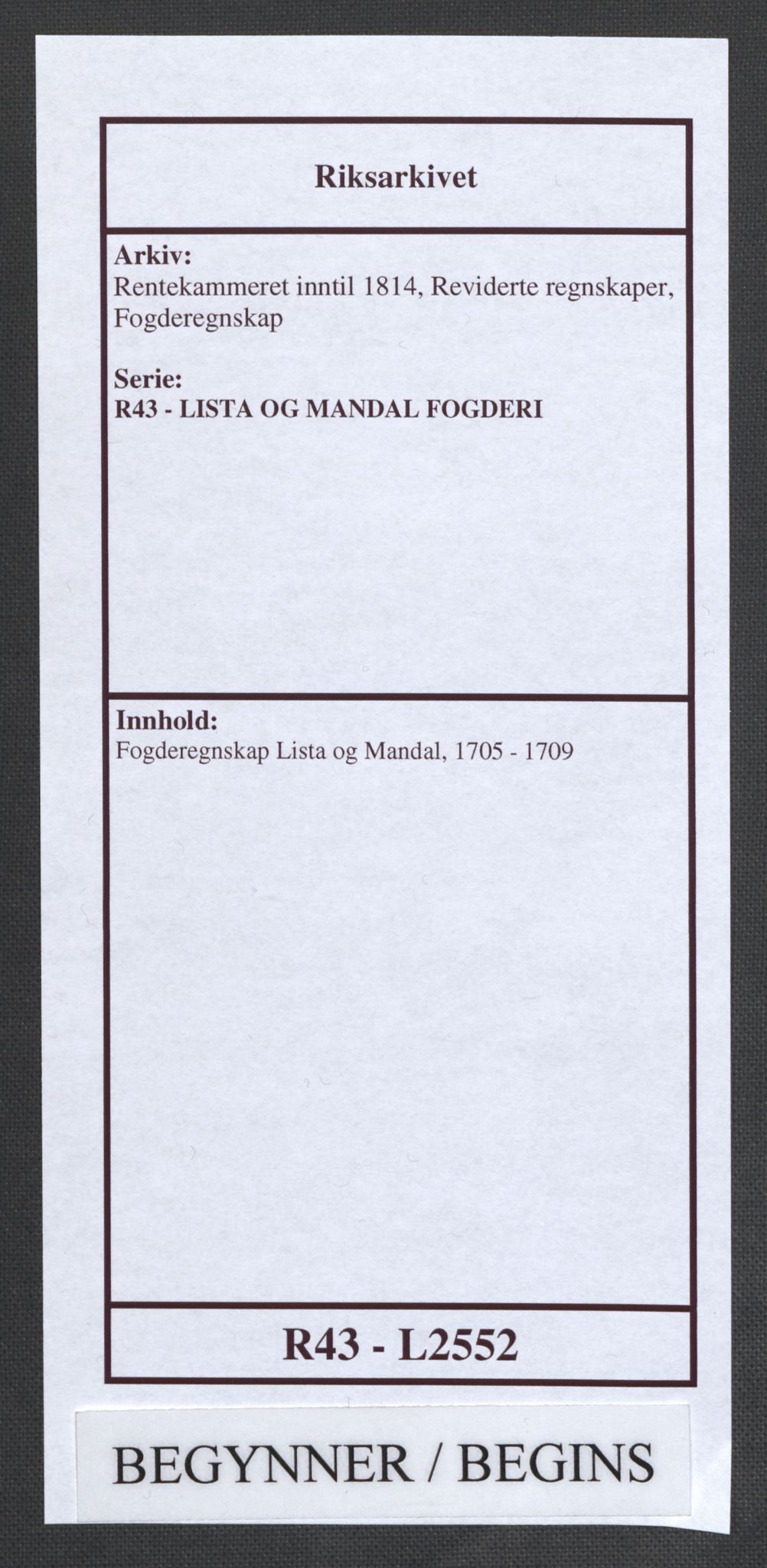 Rentekammeret inntil 1814, Reviderte regnskaper, Fogderegnskap, AV/RA-EA-4092/R43/L2552: Fogderegnskap Lista og Mandal, 1705-1709, p. 1