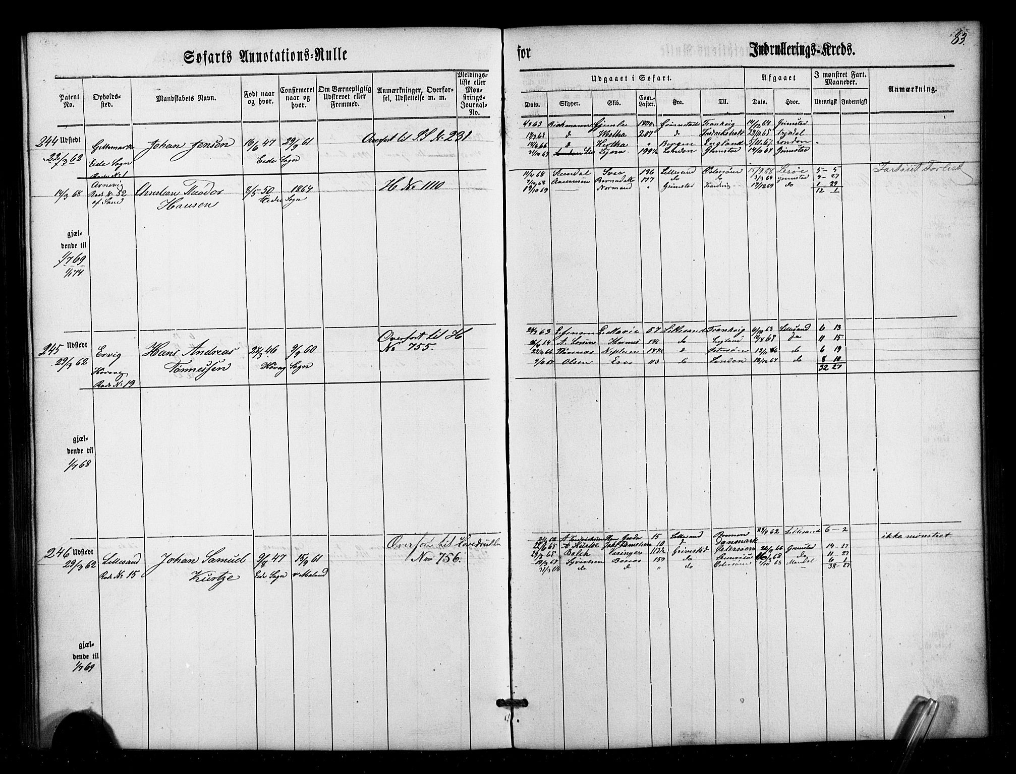Lillesand mønstringskrets, SAK/2031-0014/F/Fa/L0001: Annotasjonsrulle nr 1-436 med register, W-7, 1860-1872, p. 107