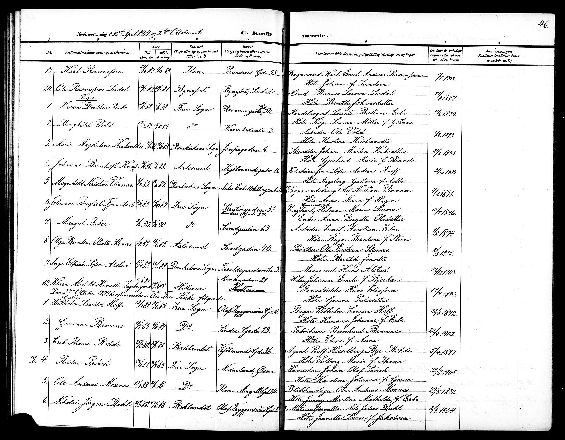 Ministerialprotokoller, klokkerbøker og fødselsregistre - Sør-Trøndelag, SAT/A-1456/602/L0146: Parish register (copy) no. 602C14, 1904-1914, p. 46