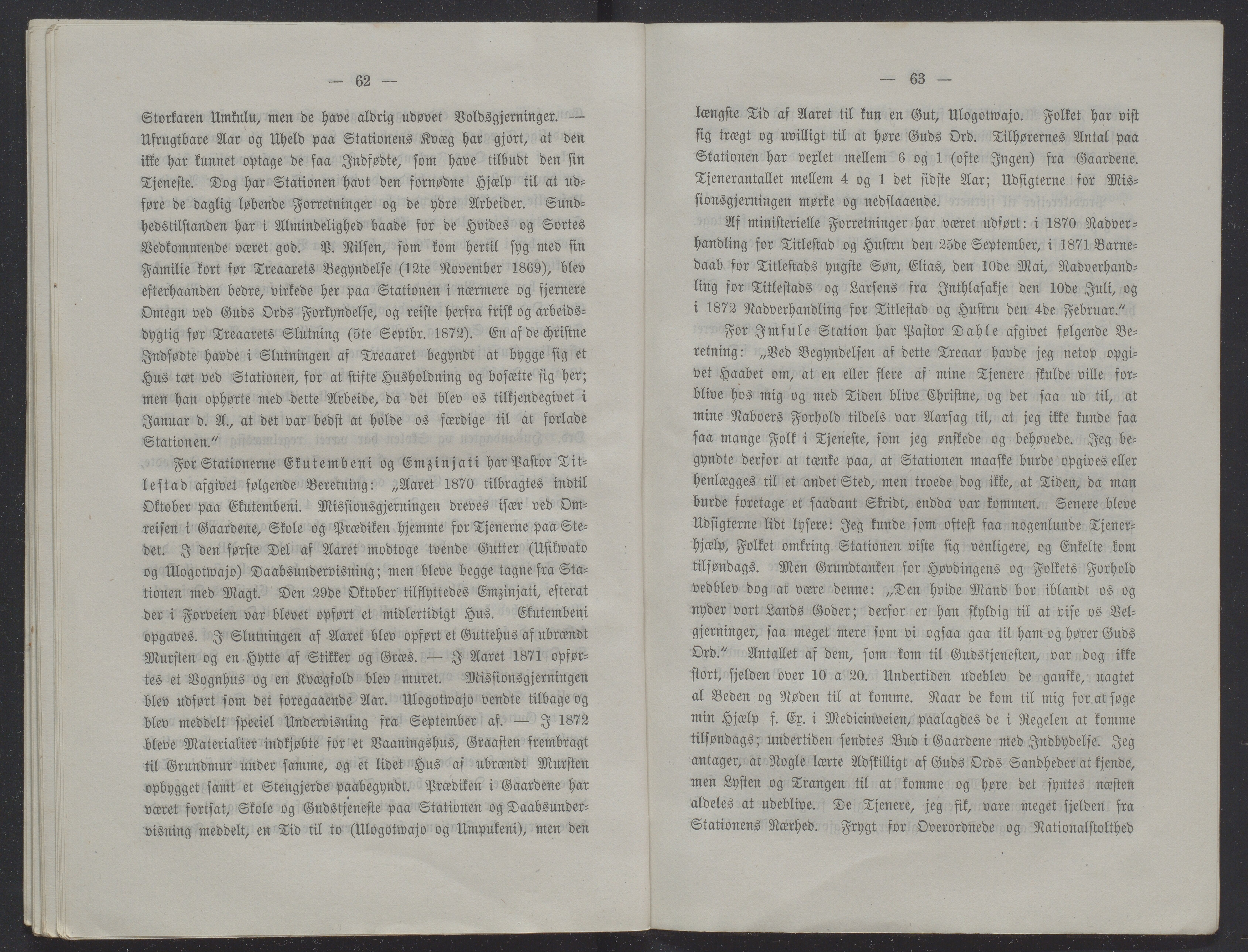 Det Norske Misjonsselskap - hovedadministrasjonen, VID/MA-A-1045/D/Db/Dba/L0338/0001: Beretninger, Bøker, Skrifter o.l   / Årsberetninger 31, 1873, p. 62-63