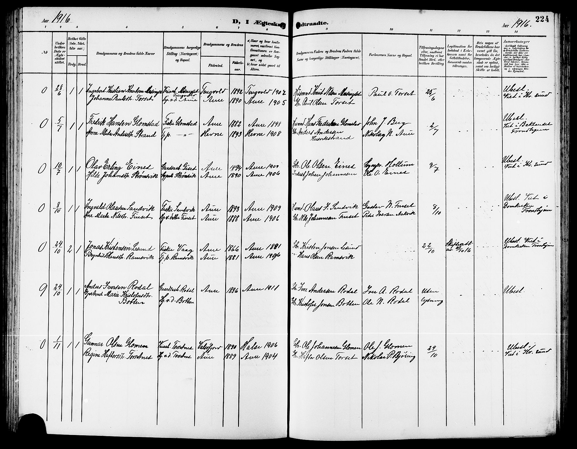 Ministerialprotokoller, klokkerbøker og fødselsregistre - Møre og Romsdal, AV/SAT-A-1454/578/L0910: Parish register (copy) no. 578C03, 1900-1921, p. 224