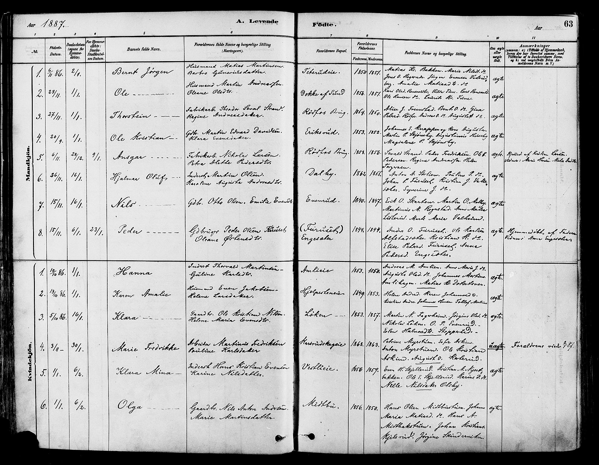 Vestre Toten prestekontor, SAH/PREST-108/H/Ha/Haa/L0009: Parish register (official) no. 9, 1878-1894, p. 63
