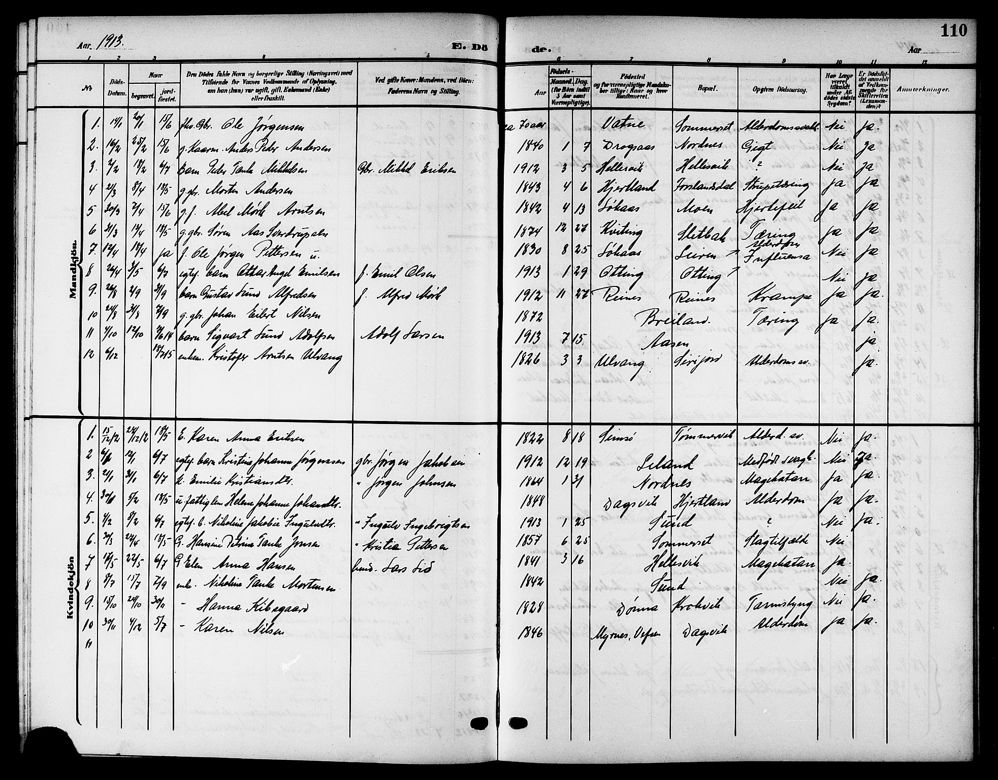 Ministerialprotokoller, klokkerbøker og fødselsregistre - Nordland, AV/SAT-A-1459/832/L0494: Parish register (copy) no. 832C01, 1906-1922, p. 110