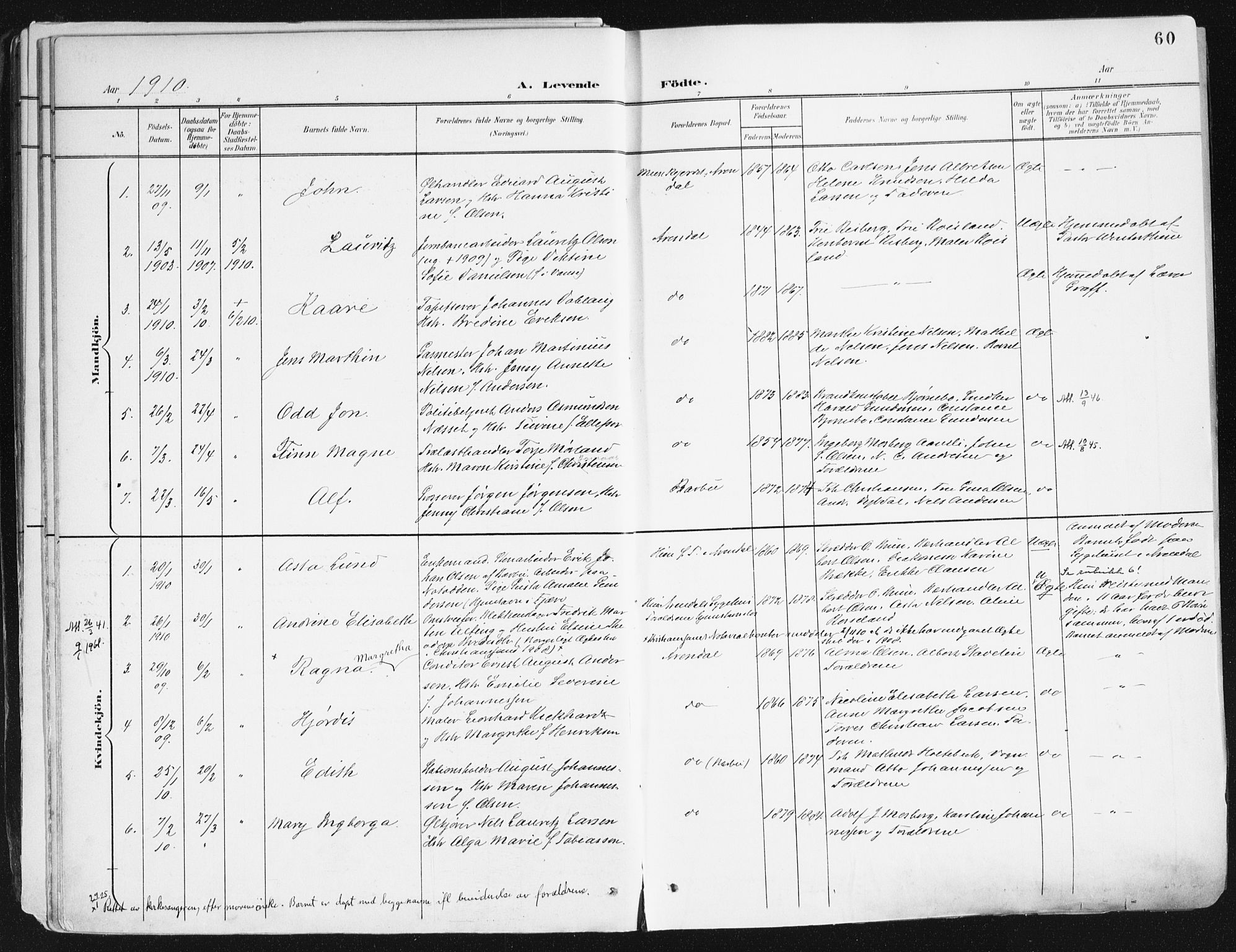 Arendal sokneprestkontor, Trefoldighet, SAK/1111-0040/F/Fa/L0010: Parish register (official) no. A 10, 1900-1919, p. 60