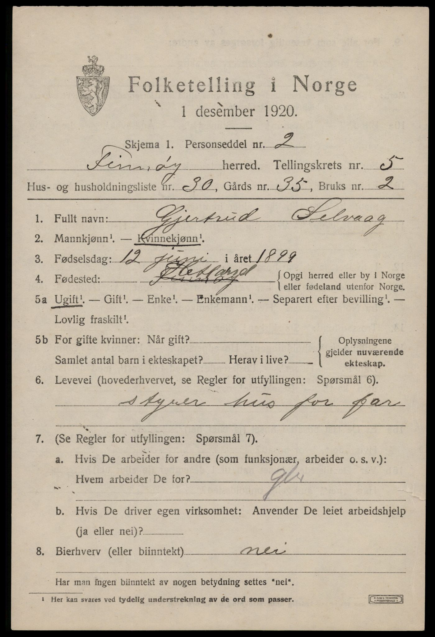 SAST, 1920 census for Finnøy, 1920, p. 3254